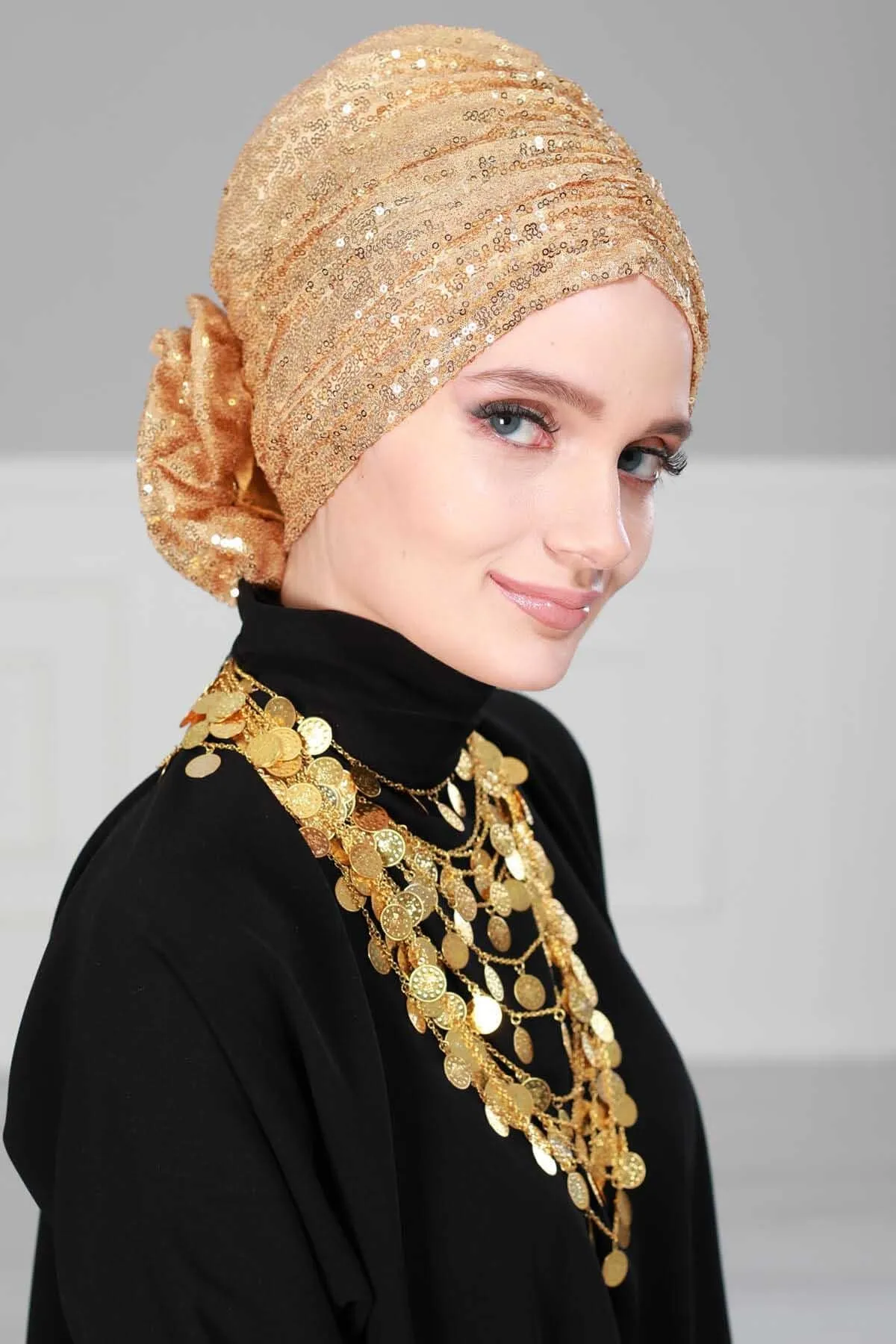 Glamorous Sequin Rose Instant Turban Hijab for Women, Sparkly Fashion Hijab Cap, Elegant Pre-Tied Headwrap with Big Fancy Rose Detail,B-21P