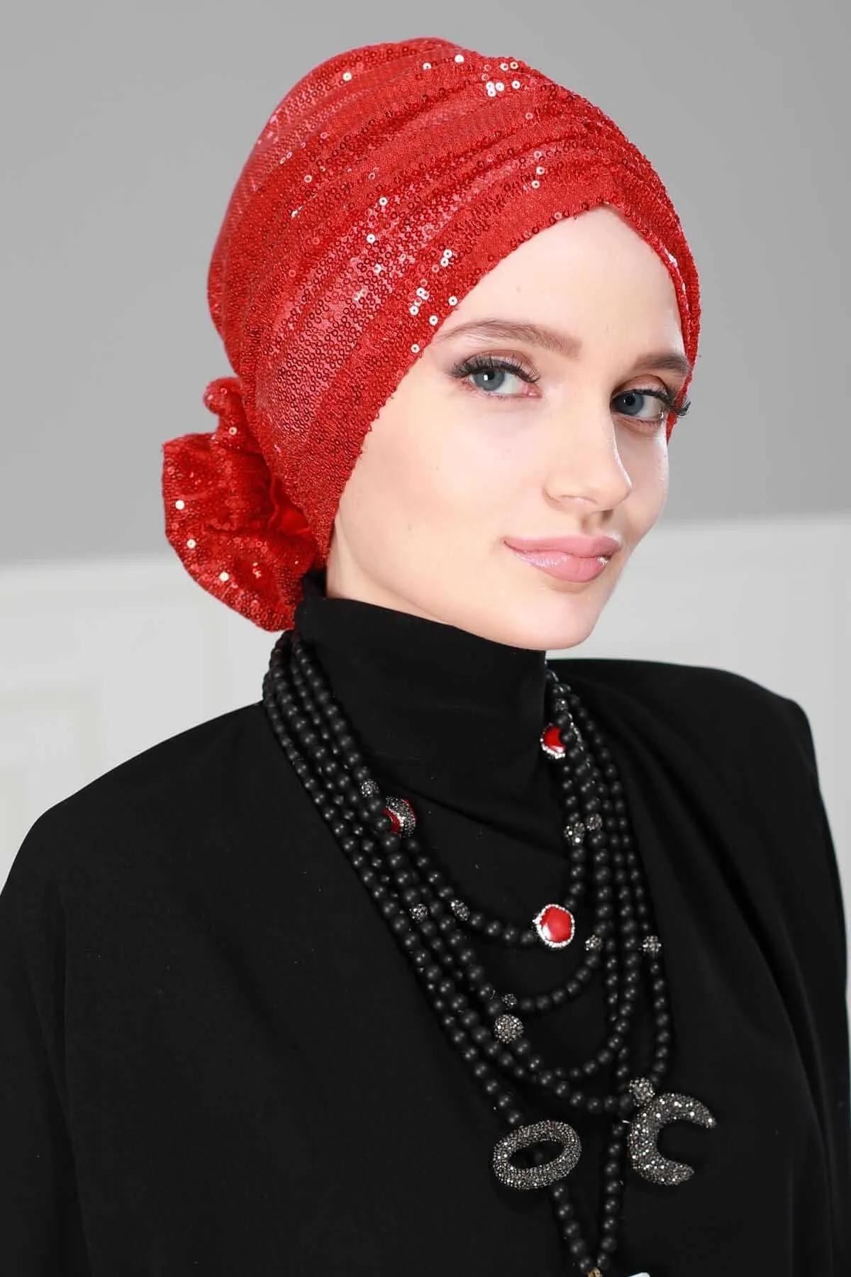 Glamorous Sequin Rose Instant Turban Hijab for Women, Sparkly Fashion Hijab Cap, Elegant Pre-Tied Headwrap with Big Fancy Rose Detail,B-21P