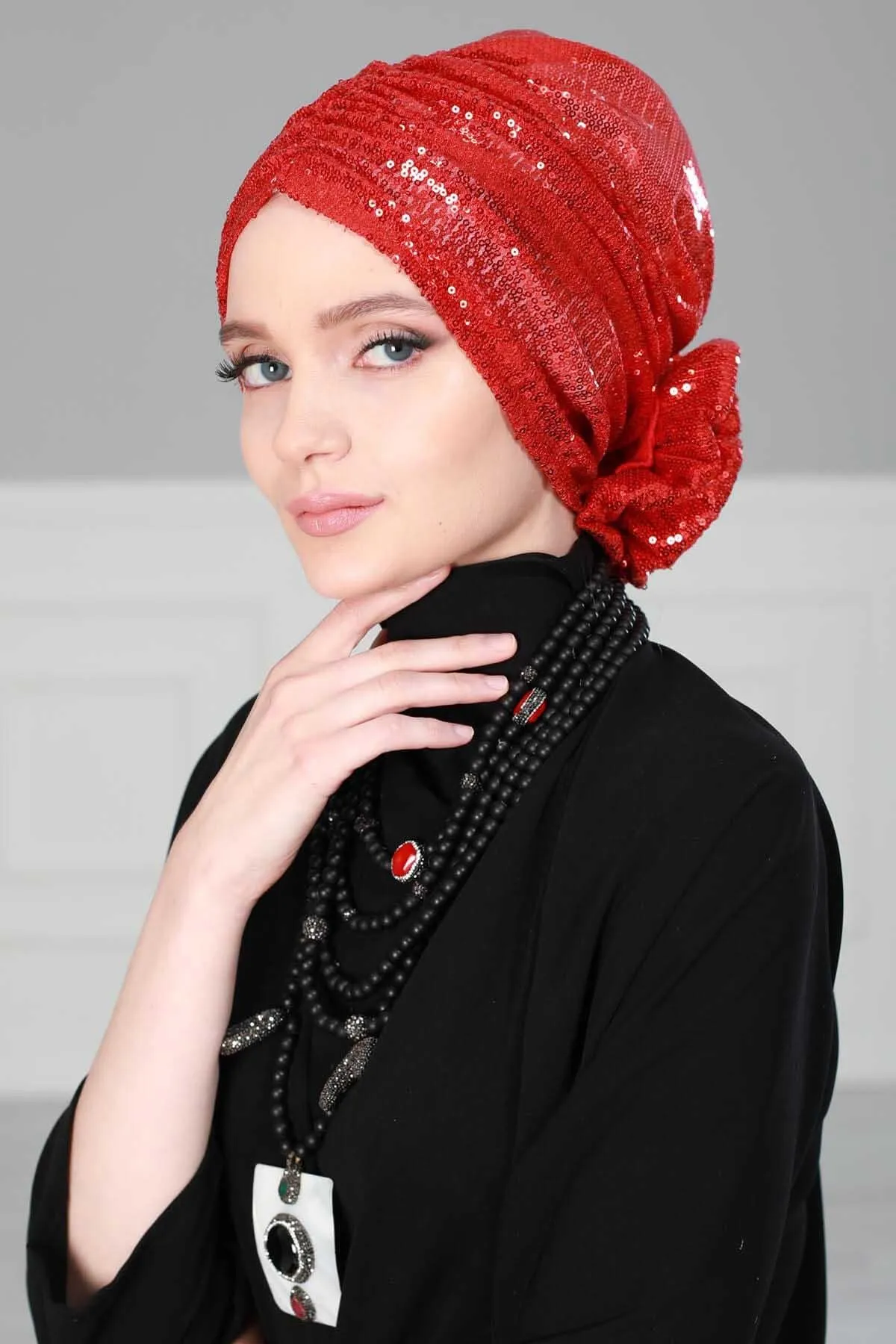 Glamorous Sequin Rose Instant Turban Hijab for Women, Sparkly Fashion Hijab Cap, Elegant Pre-Tied Headwrap with Big Fancy Rose Detail,B-21P