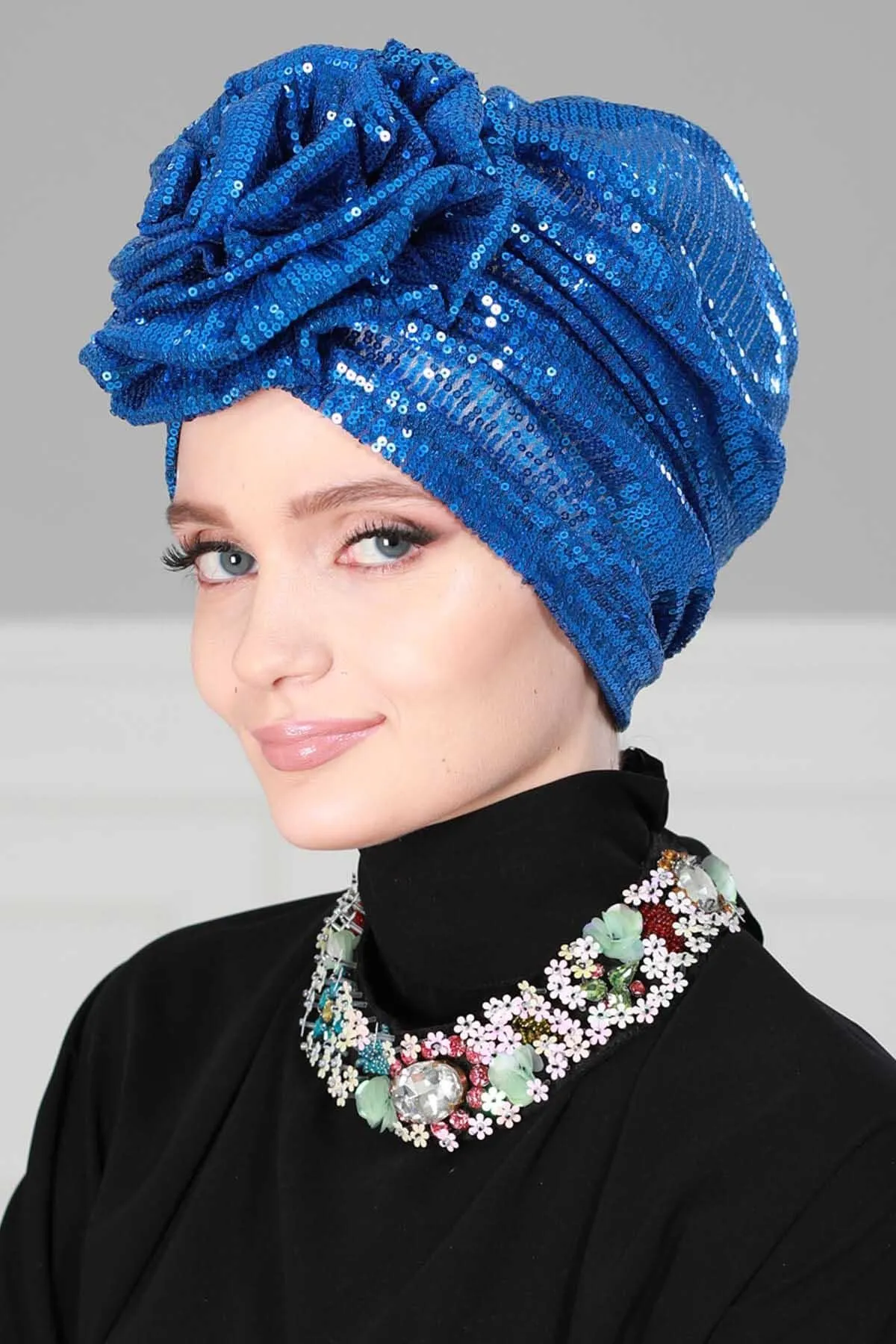 Glamorous Sequin Rose Instant Turban Hijab for Women, Sparkly Fashion Hijab Cap, Elegant Pre-Tied Headwrap with Big Fancy Rose Detail,B-21P