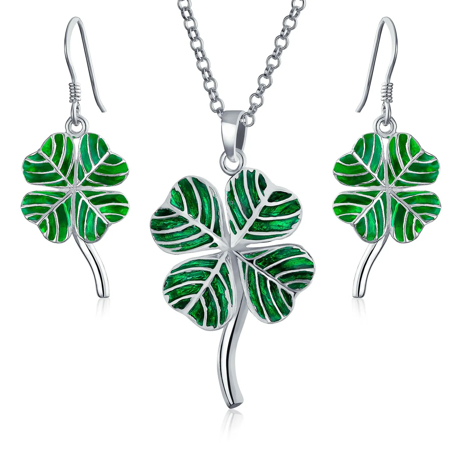 Green Enamel Shamrock Clover Earrings Pendant Necklace Jewelry Set .925 Silver