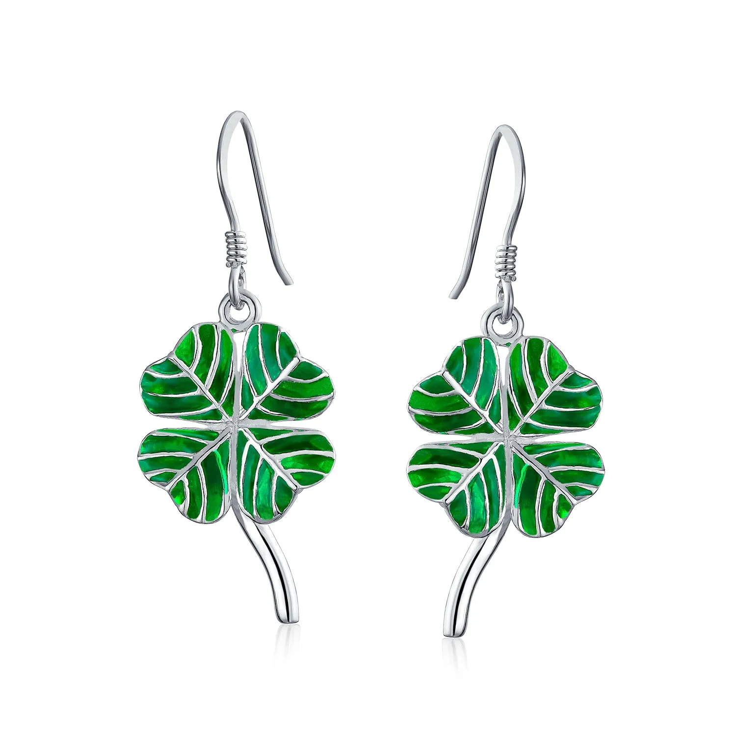 Green Enamel Shamrock Clover Earrings Pendant Necklace Jewelry Set .925 Silver