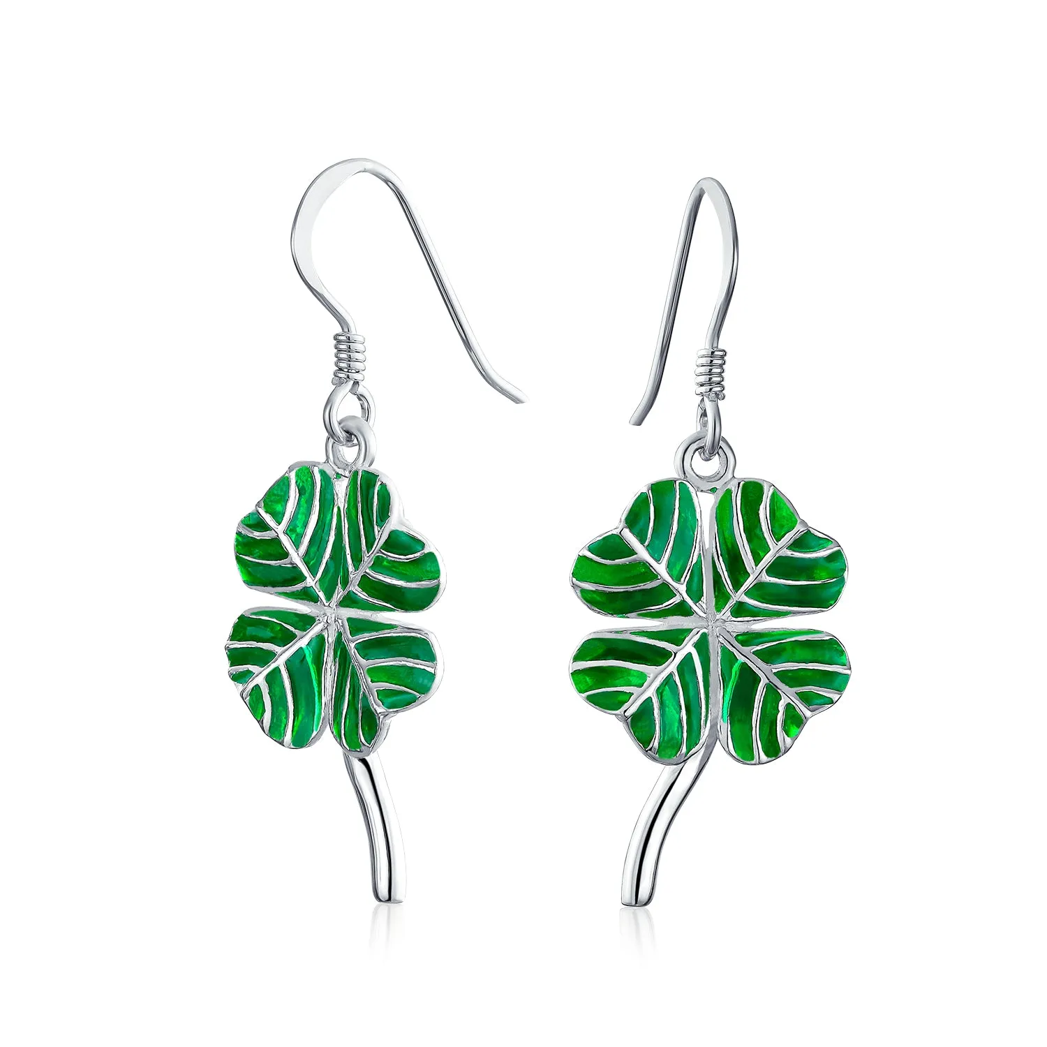 Green Enamel Shamrock Clover Earrings Pendant Necklace Jewelry Set .925 Silver