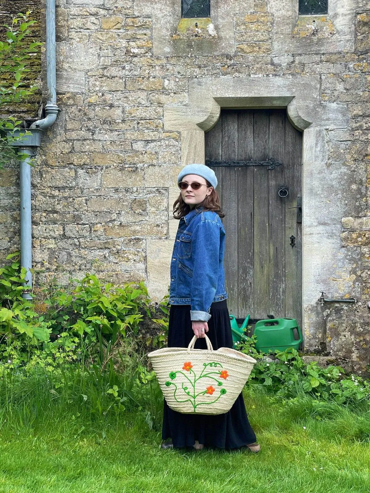 Hand Embroidered Market Basket, Nasturtium