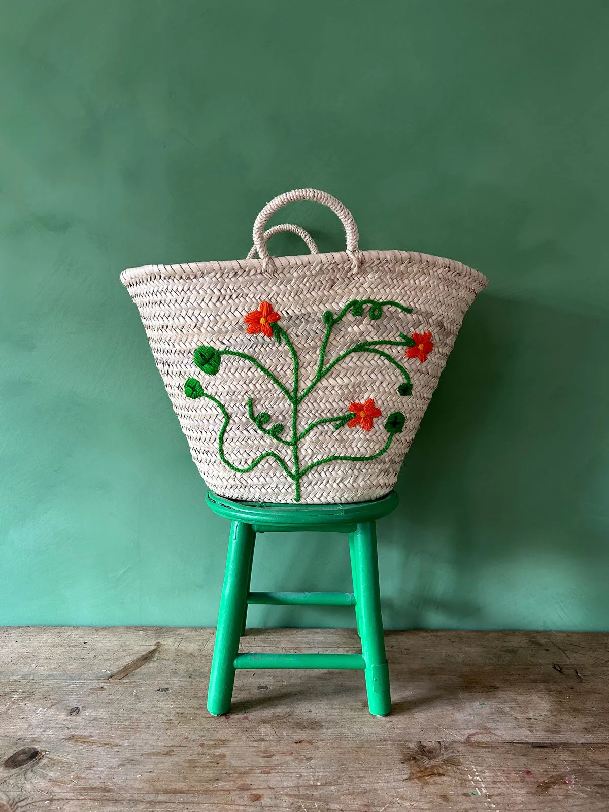 Hand Embroidered Market Basket, Nasturtium