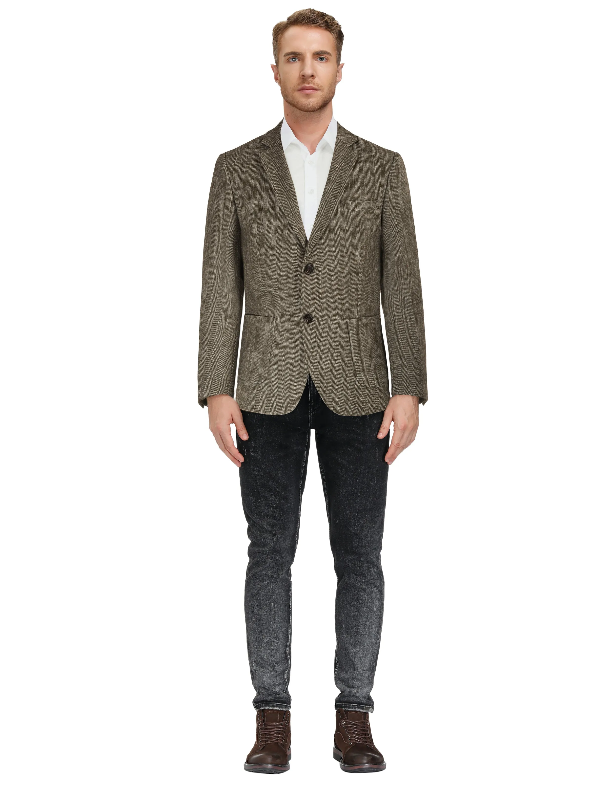 Herringbone Tweed Two Button Blazer British Wool Blend Sport Coat Jackets