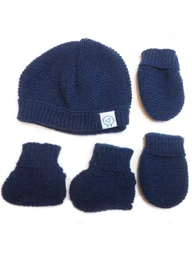 Knitted Hat, Mittens & Booties Set - Navy