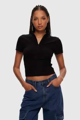 Kuwalla Cropped Mock Neck Tee (Black)