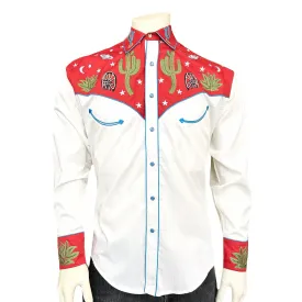 Men's Red Vintage Cactus & Stars Chain Stitch Embroidery Western Shirt