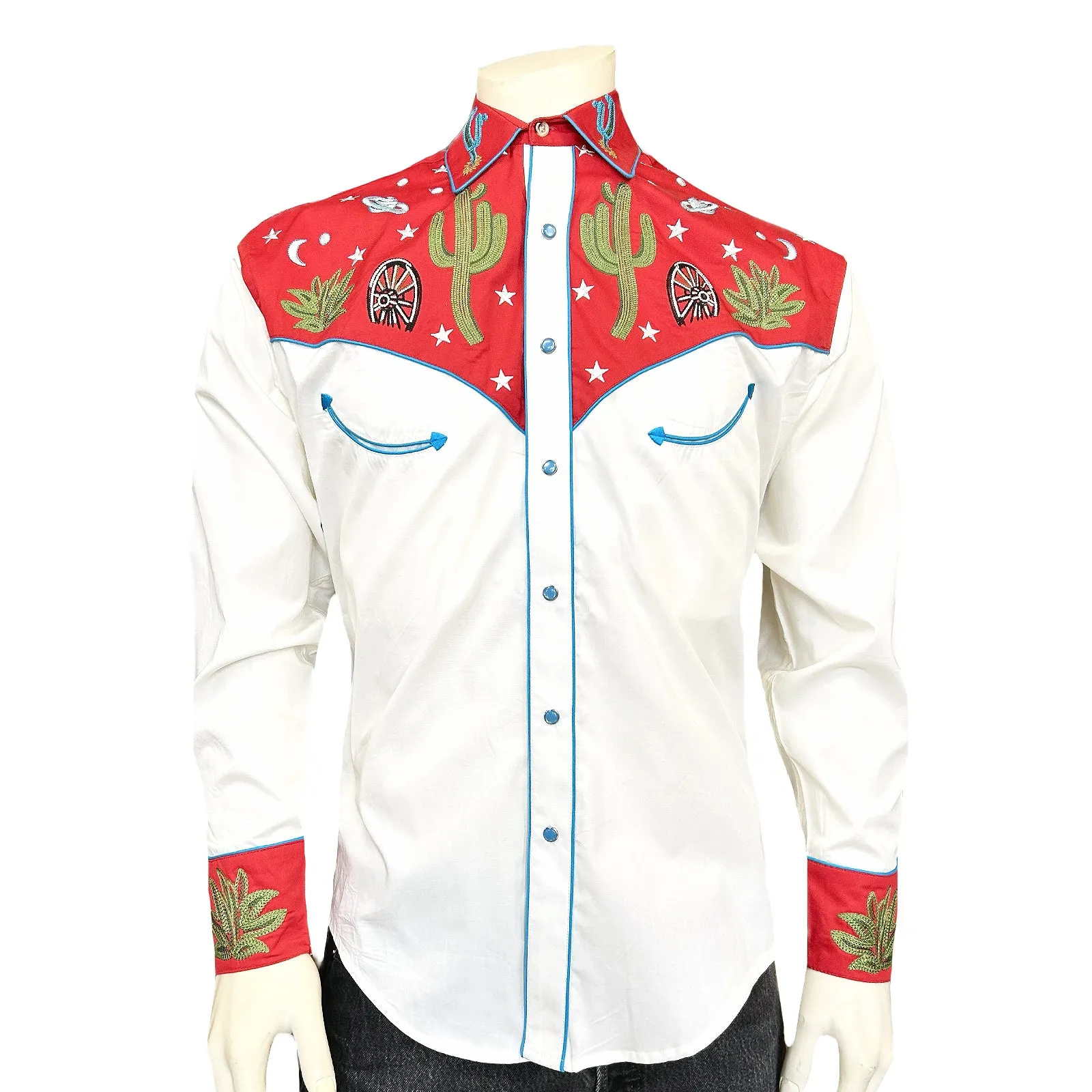 Men's Red Vintage Cactus & Stars Chain Stitch Embroidery Western Shirt