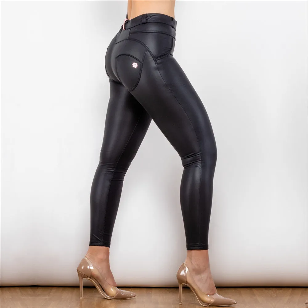 Middle Waist Matt Black Leather Leggings