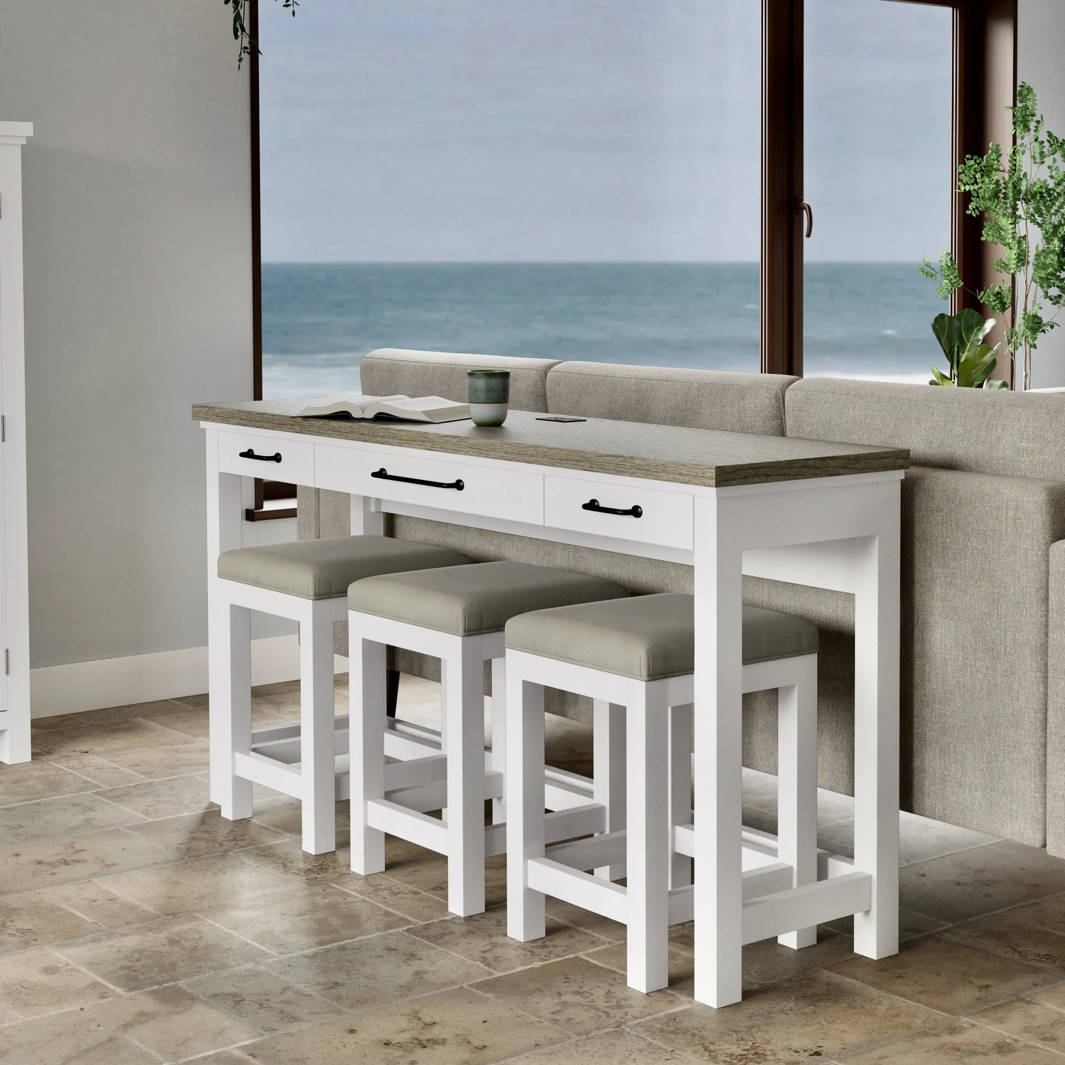 Napa White Multi-Use Console Table   3 Stools Set