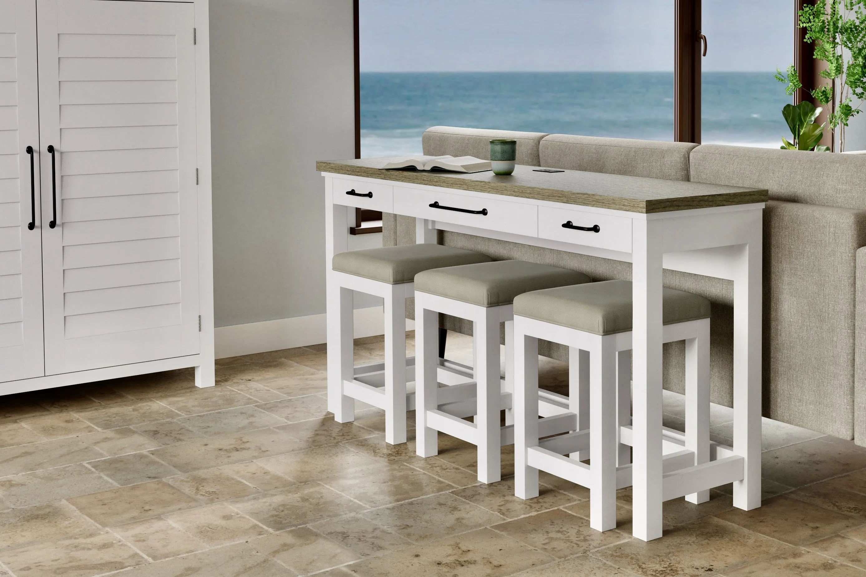 Napa White Multi-Use Console Table   3 Stools Set