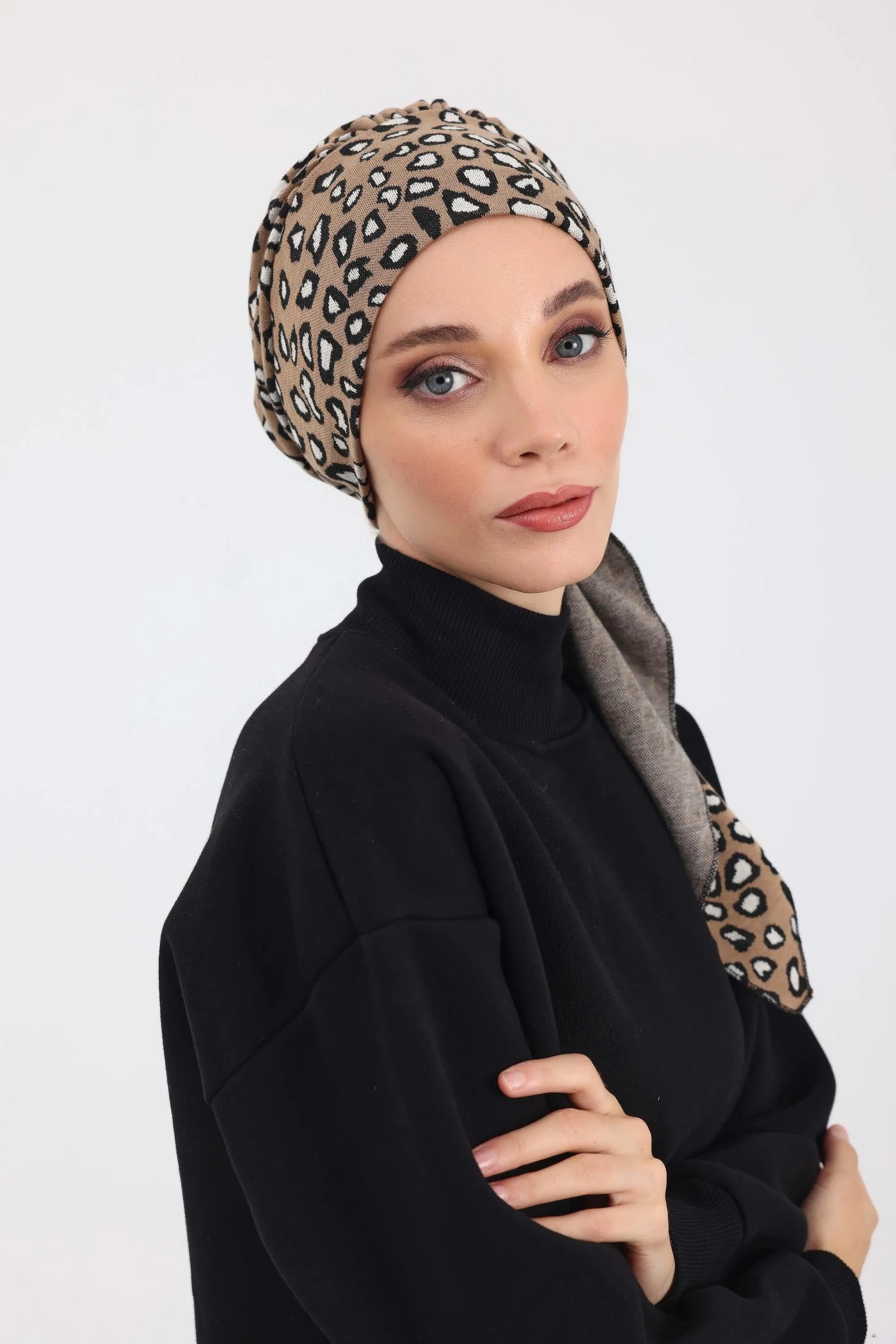 Patterned Instant Turban Bonnet for Cold Seasons, Turban Bonnet with Houndstooth and Leopard Patterns, Chic and Warm Instant Bonnet,B-49DIV