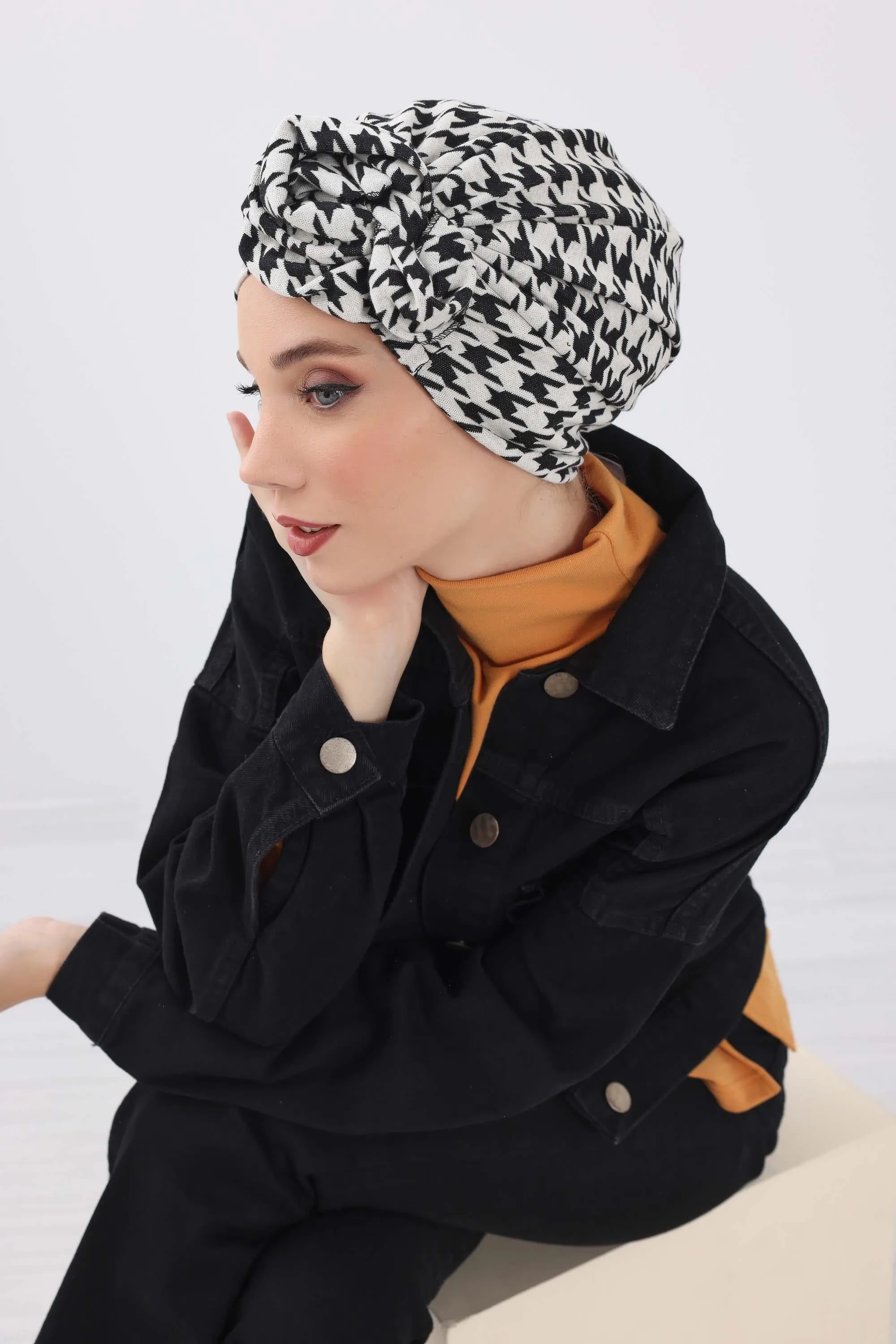 Patterned Instant Turban Bonnet for Cold Seasons, Turban Bonnet with Houndstooth and Leopard Patterns, Chic and Warm Instant Bonnet,B-49DIV