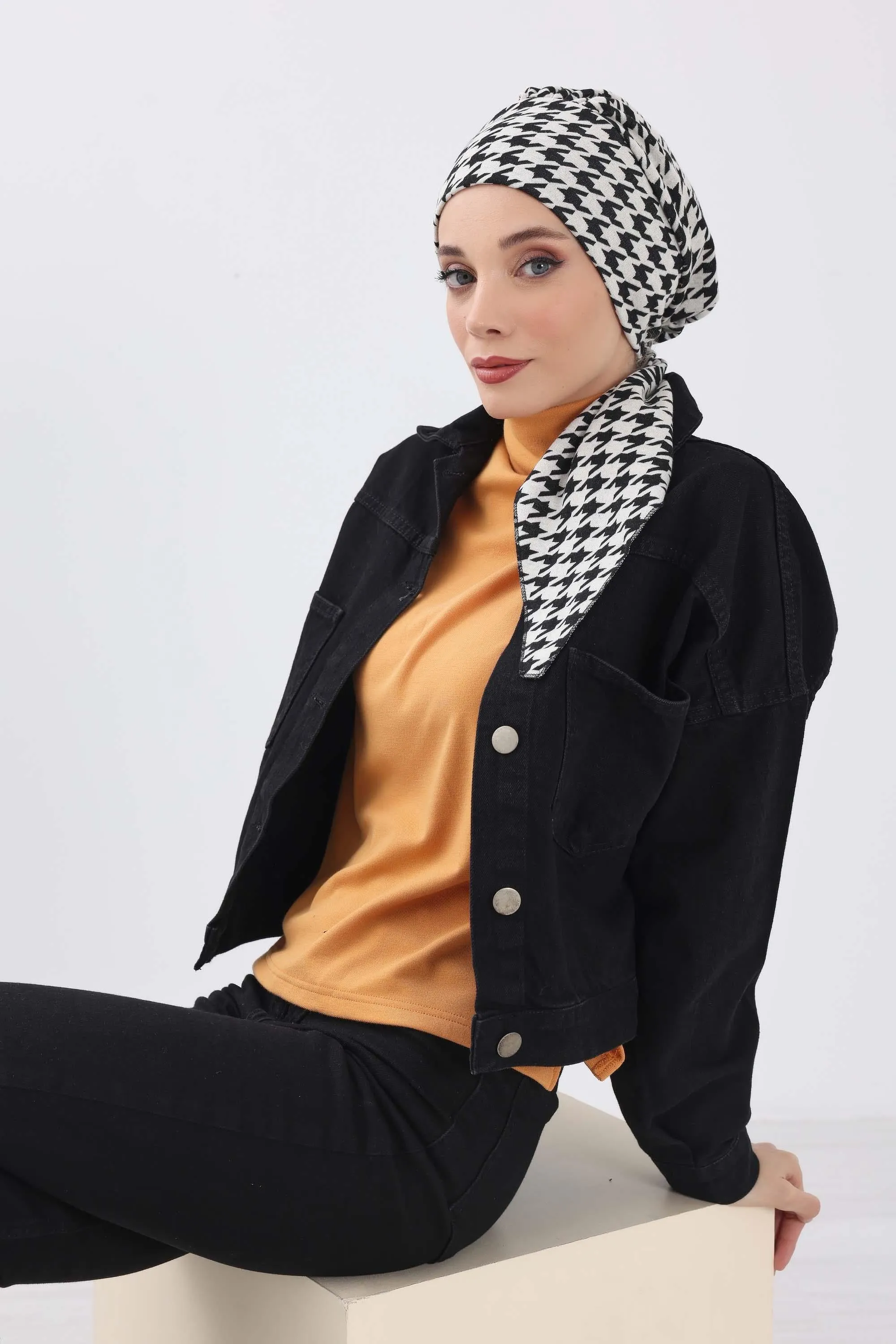 Patterned Instant Turban Bonnet for Cold Seasons, Turban Bonnet with Houndstooth and Leopard Patterns, Chic and Warm Instant Bonnet,B-49DIV