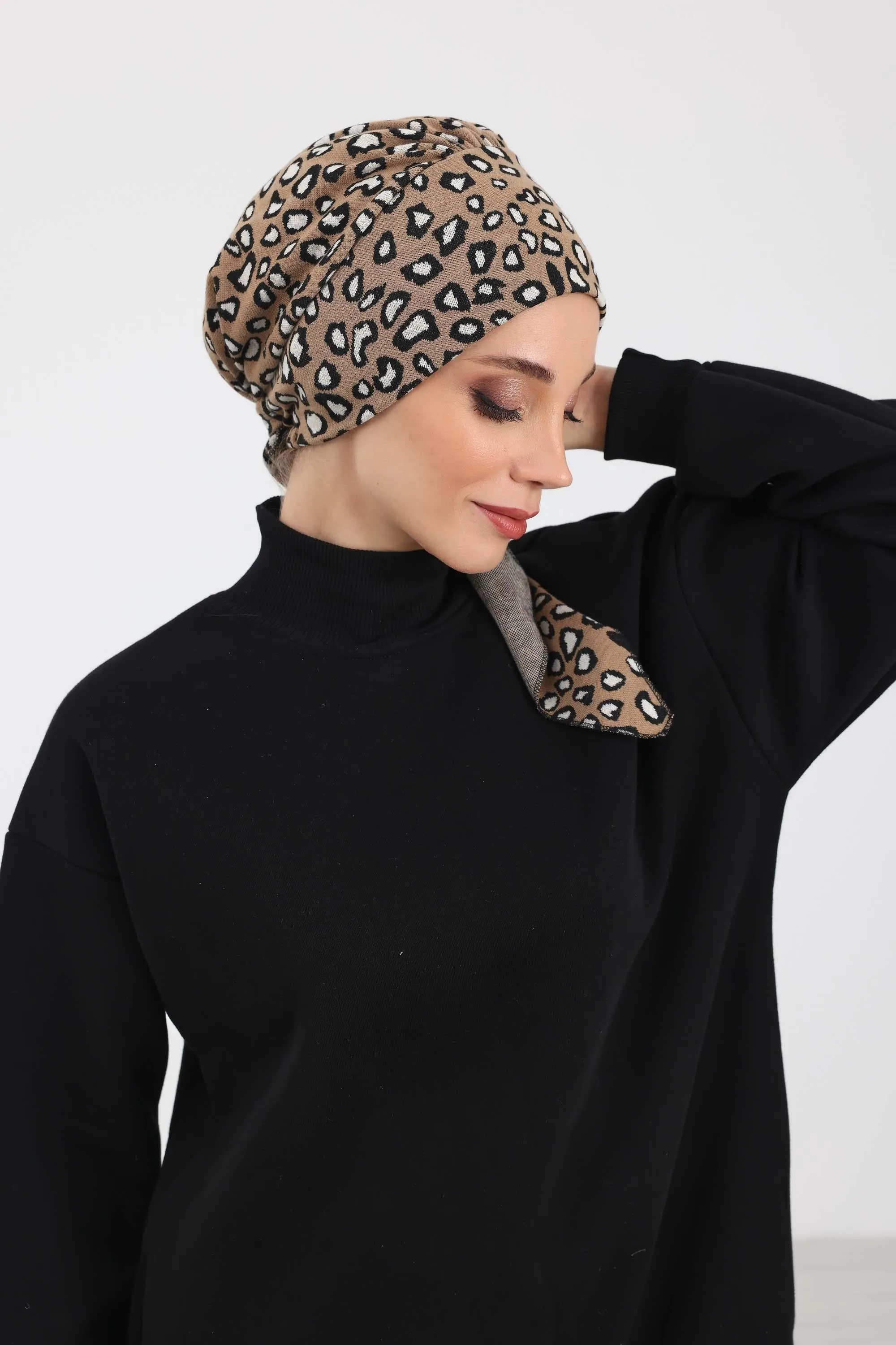 Patterned Instant Turban Bonnet for Cold Seasons, Turban Bonnet with Houndstooth and Leopard Patterns, Chic and Warm Instant Bonnet,B-49DIV