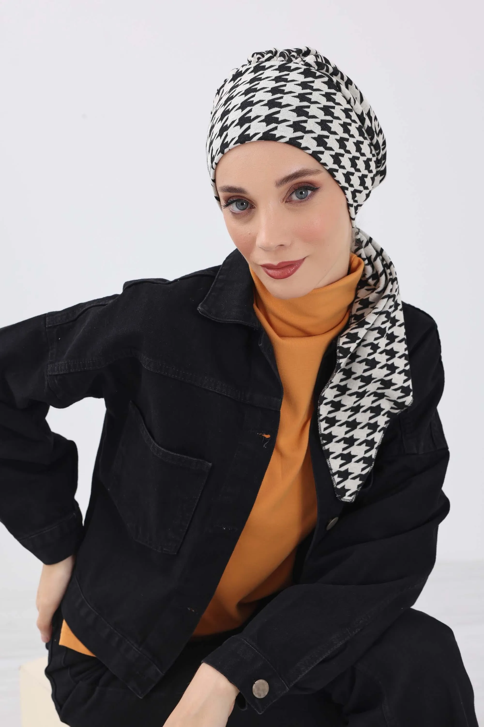 Patterned Instant Turban Bonnet for Cold Seasons, Turban Bonnet with Houndstooth and Leopard Patterns, Chic and Warm Instant Bonnet,B-49DIV