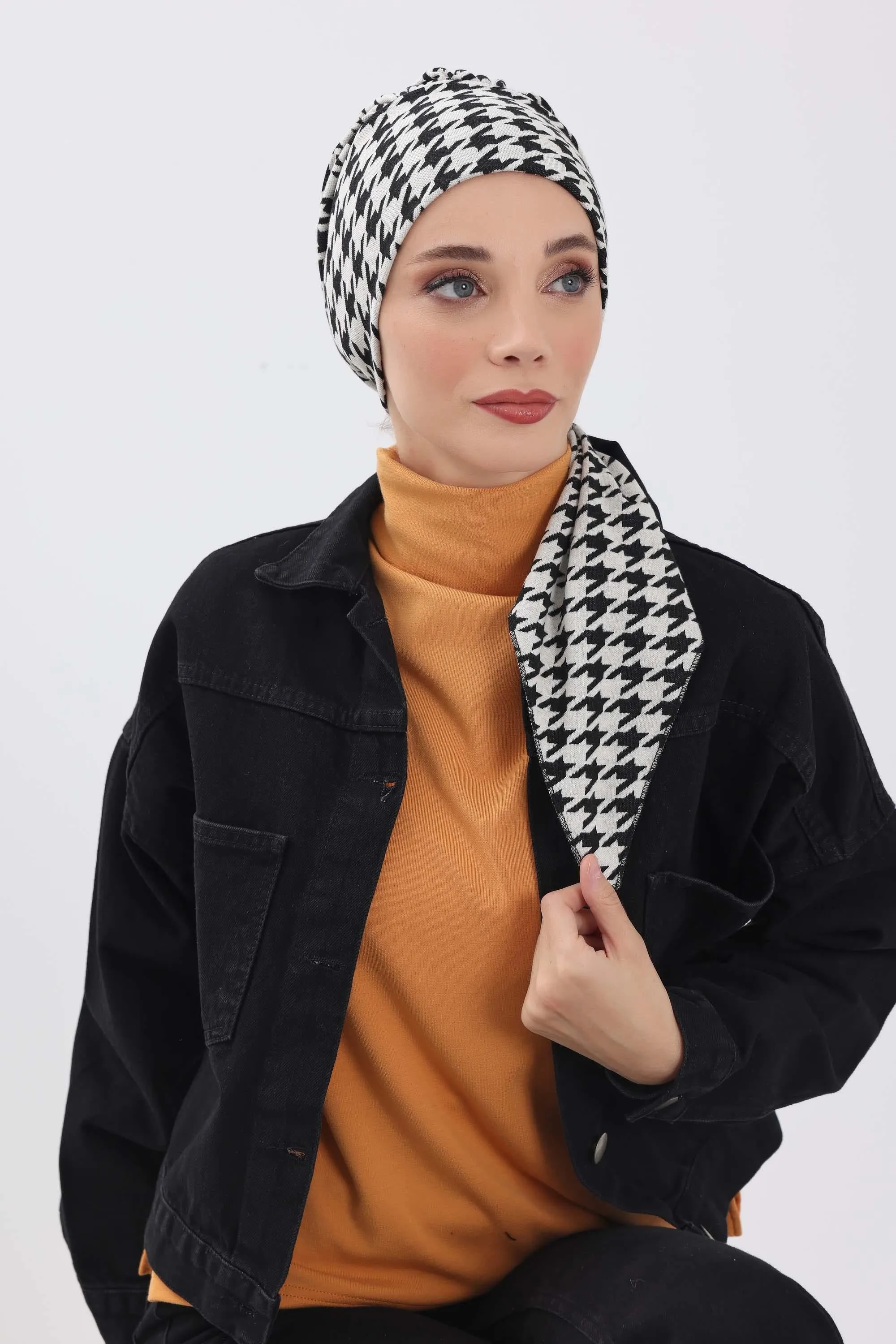 Patterned Instant Turban Bonnet for Cold Seasons, Turban Bonnet with Houndstooth and Leopard Patterns, Chic and Warm Instant Bonnet,B-49DIV