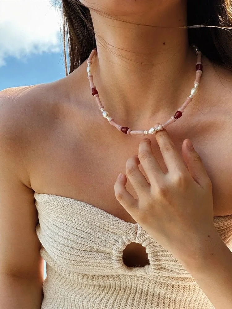 Pink Berry Summer Beaded Necklace