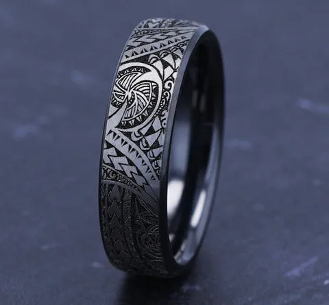 Polynesian Designed Black and Grey Titanium Men's Ring - 6.5mm