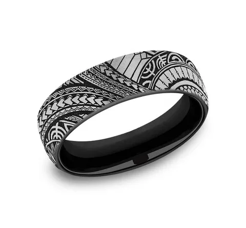 Polynesian Designed Black and Grey Titanium Men's Ring - 6.5mm