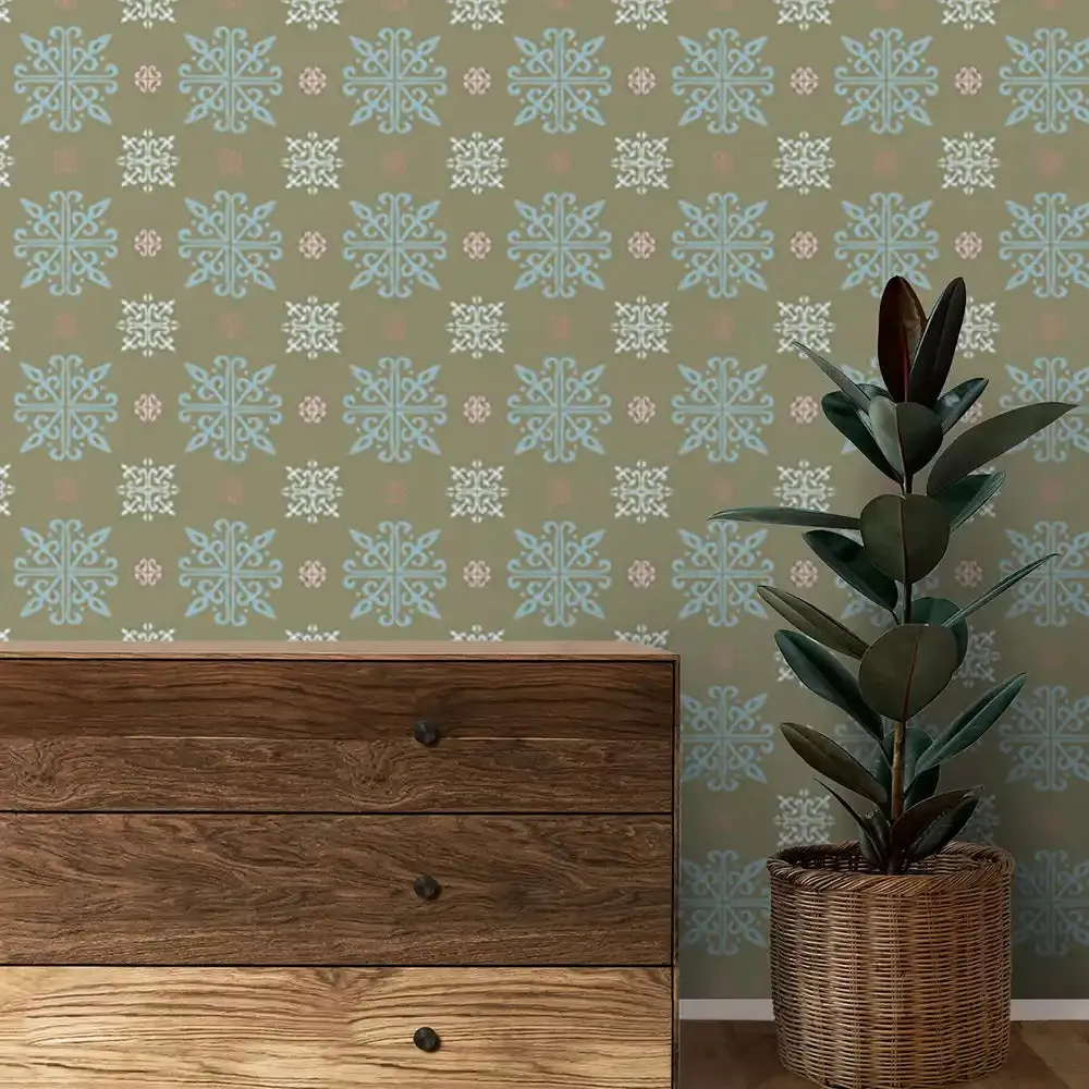 Rangoli Design Wallpaper Roll in Sage green Color