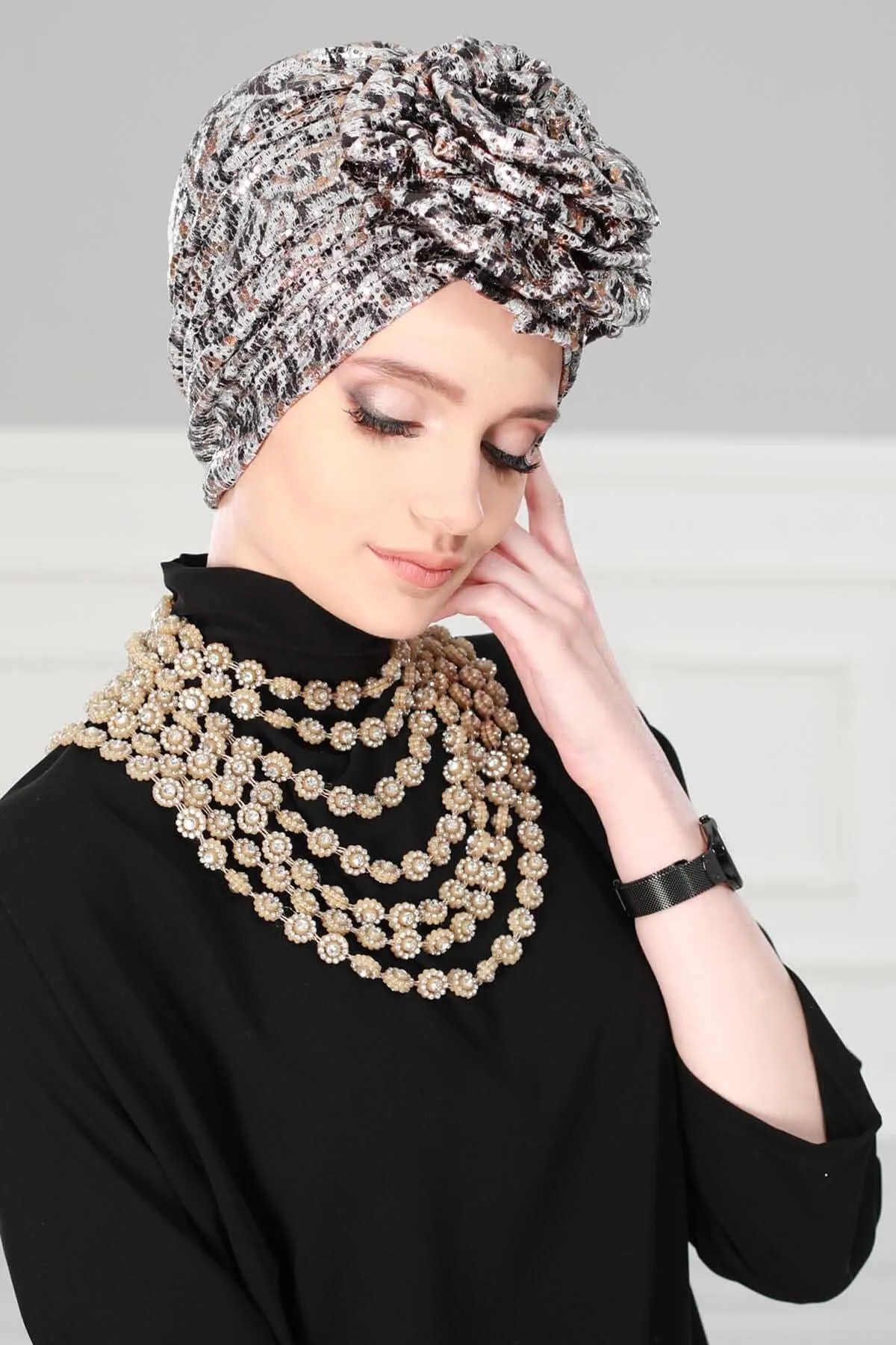 Sequined Rose Detail Instant Turban Hijab for Women, Glittering Fabric Pre-Tied Head Wrap Hijab, Fashionable Chemo & Alopecia Headwear,B-21K