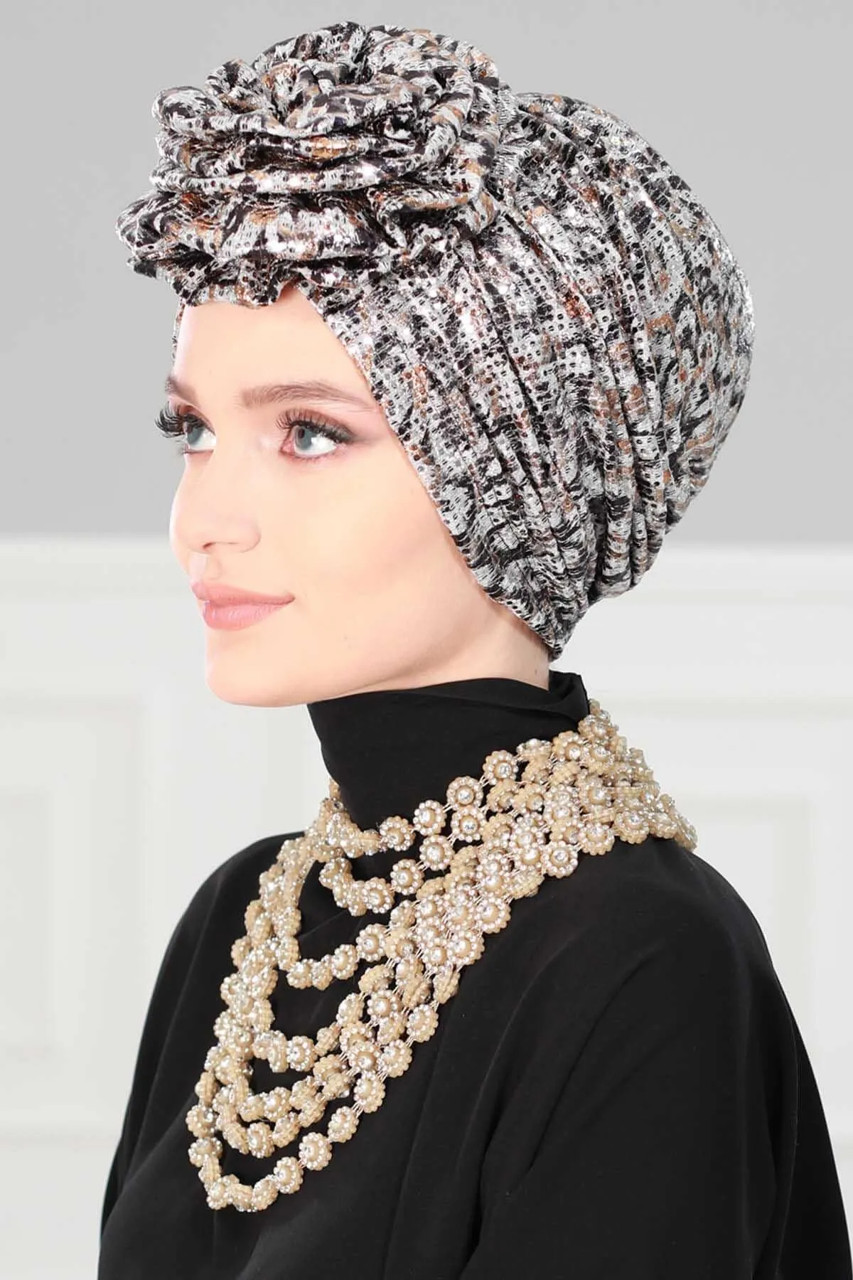 Sequined Rose Detail Instant Turban Hijab for Women, Glittering Fabric Pre-Tied Head Wrap Hijab, Fashionable Chemo & Alopecia Headwear,B-21K