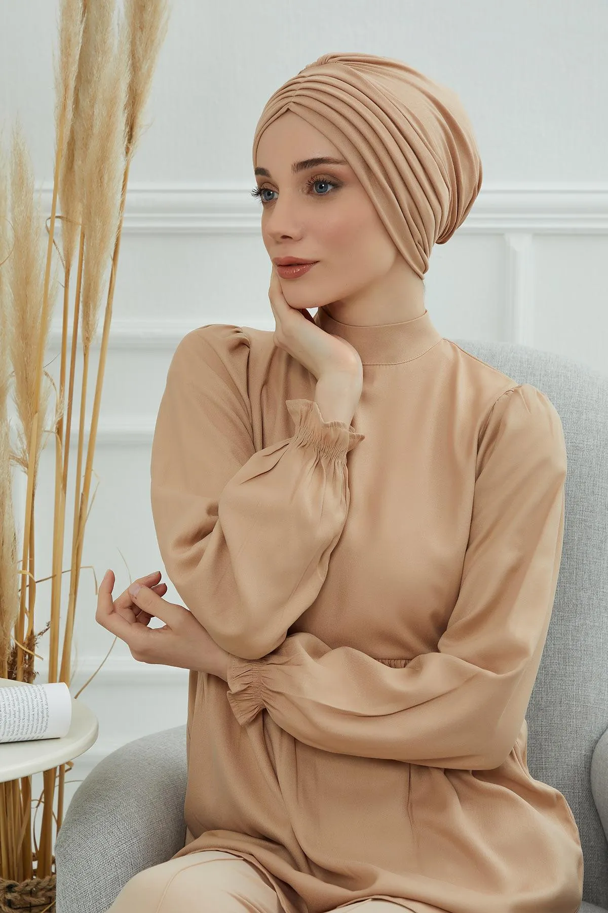 Shirred Elegance Head Turban For Women Fashion Instant Turban Shirred Head Scarf, Plain & Comfortable Stylish Bonnet Cap for Women,B-13