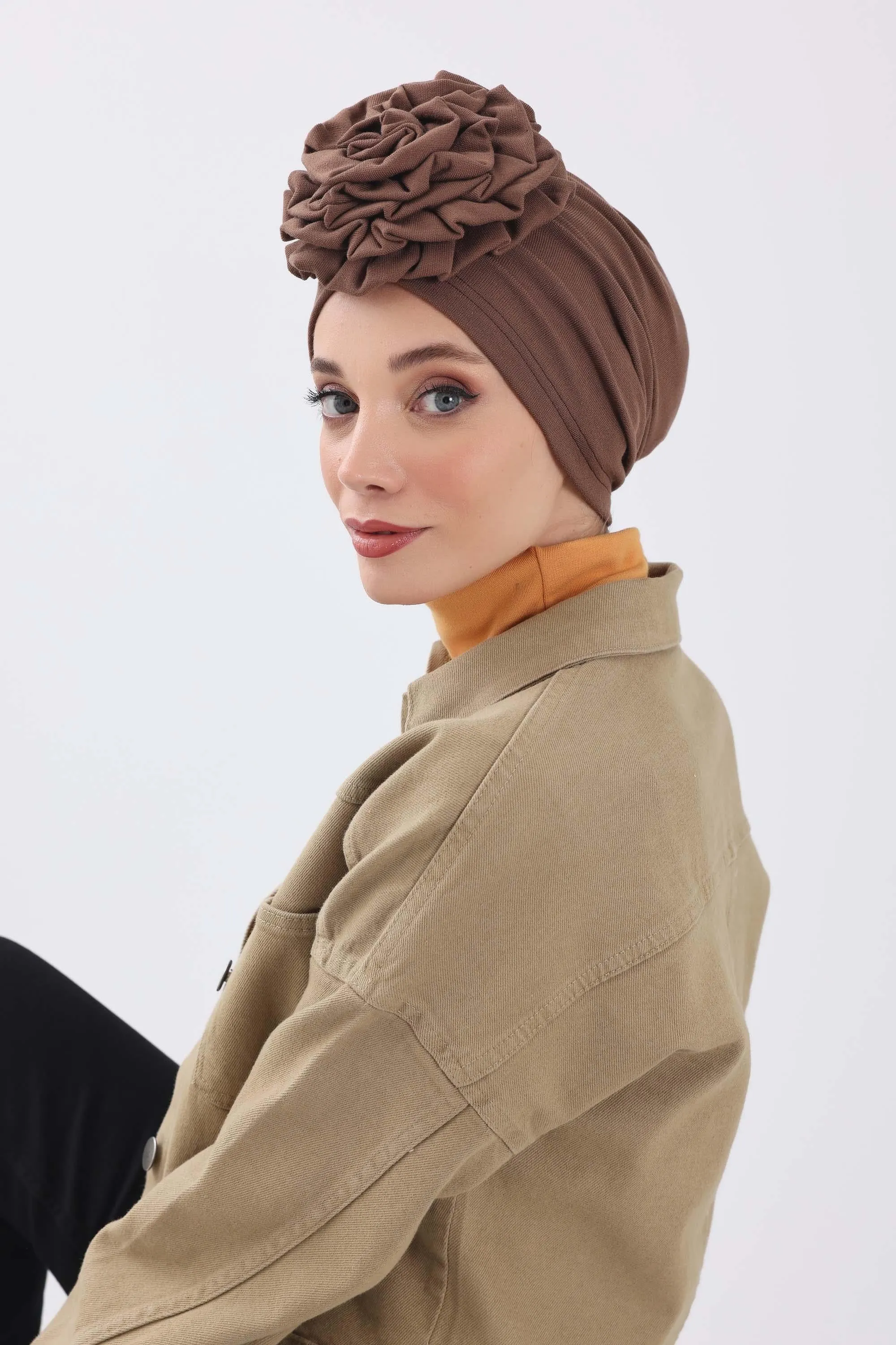 Stylish Rose Design Winter Bonnet for Women, Stretchable Ribbed Instant Turban for Cold Weather, Rose Accent Chemo Headwear,B-21RB