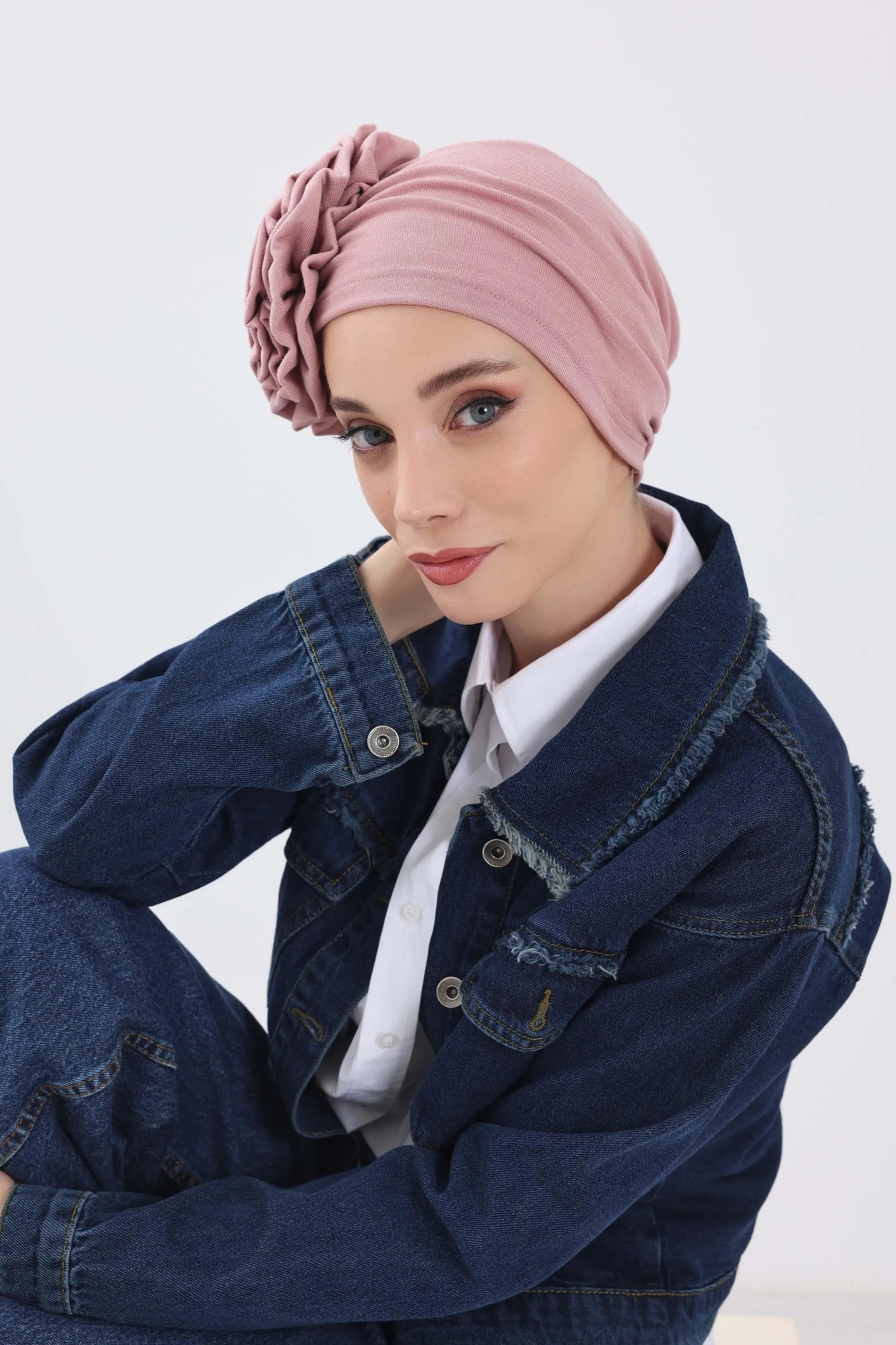 Stylish Rose Design Winter Bonnet for Women, Stretchable Ribbed Instant Turban for Cold Weather, Rose Accent Chemo Headwear,B-21RB