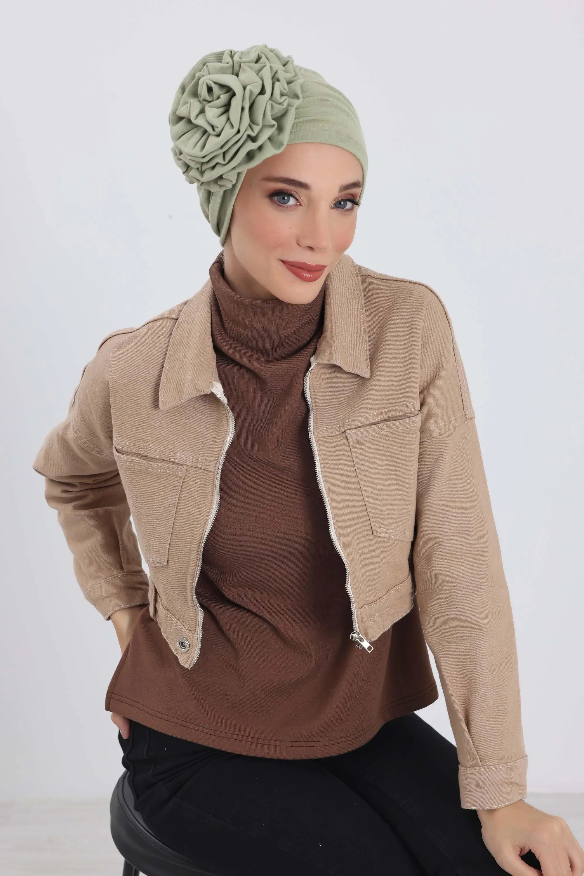 Stylish Rose Design Winter Bonnet for Women, Stretchable Ribbed Instant Turban for Cold Weather, Rose Accent Chemo Headwear,B-21RB