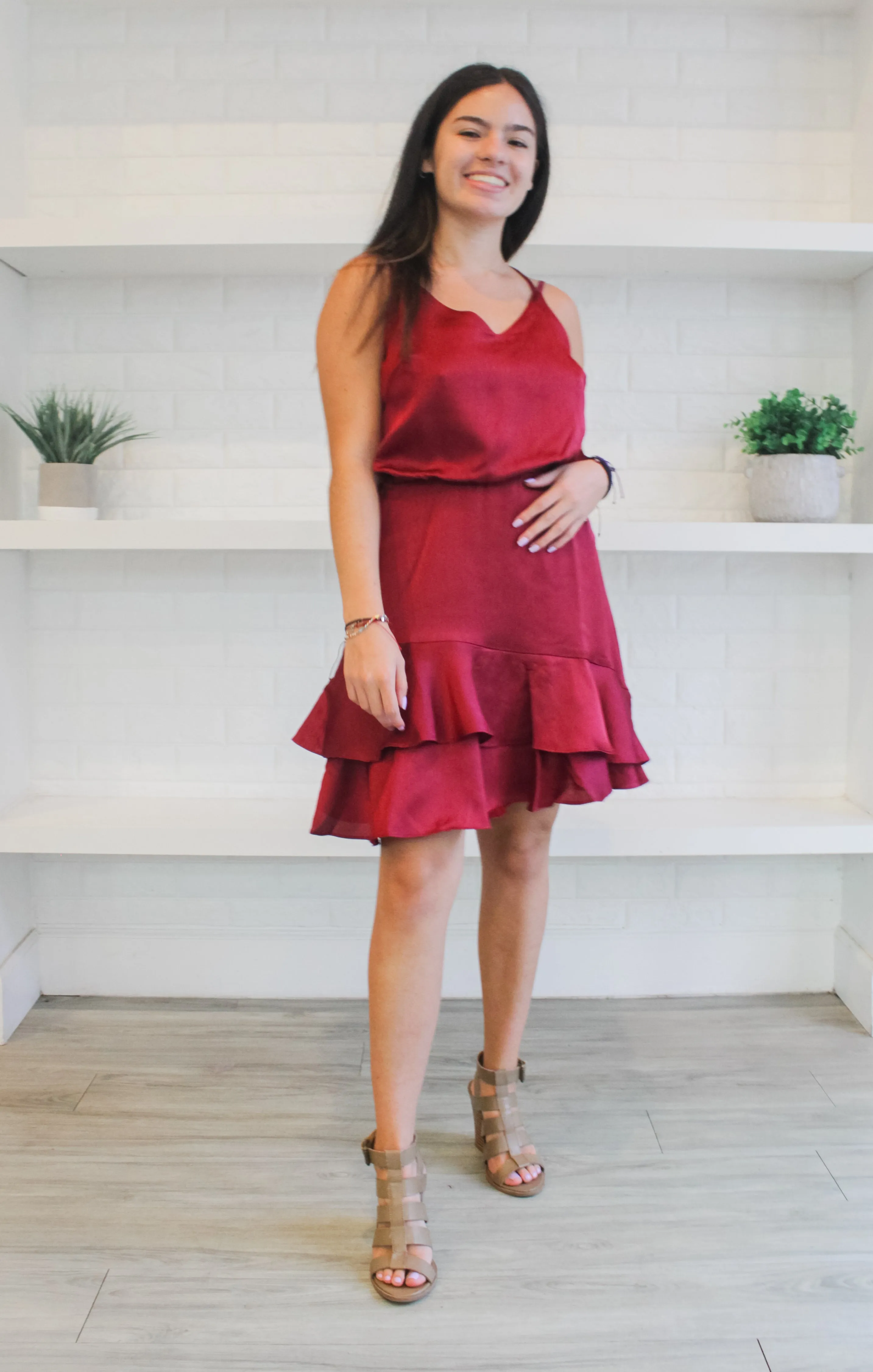 The Ruffle Hem Satin Mini (Garnet)