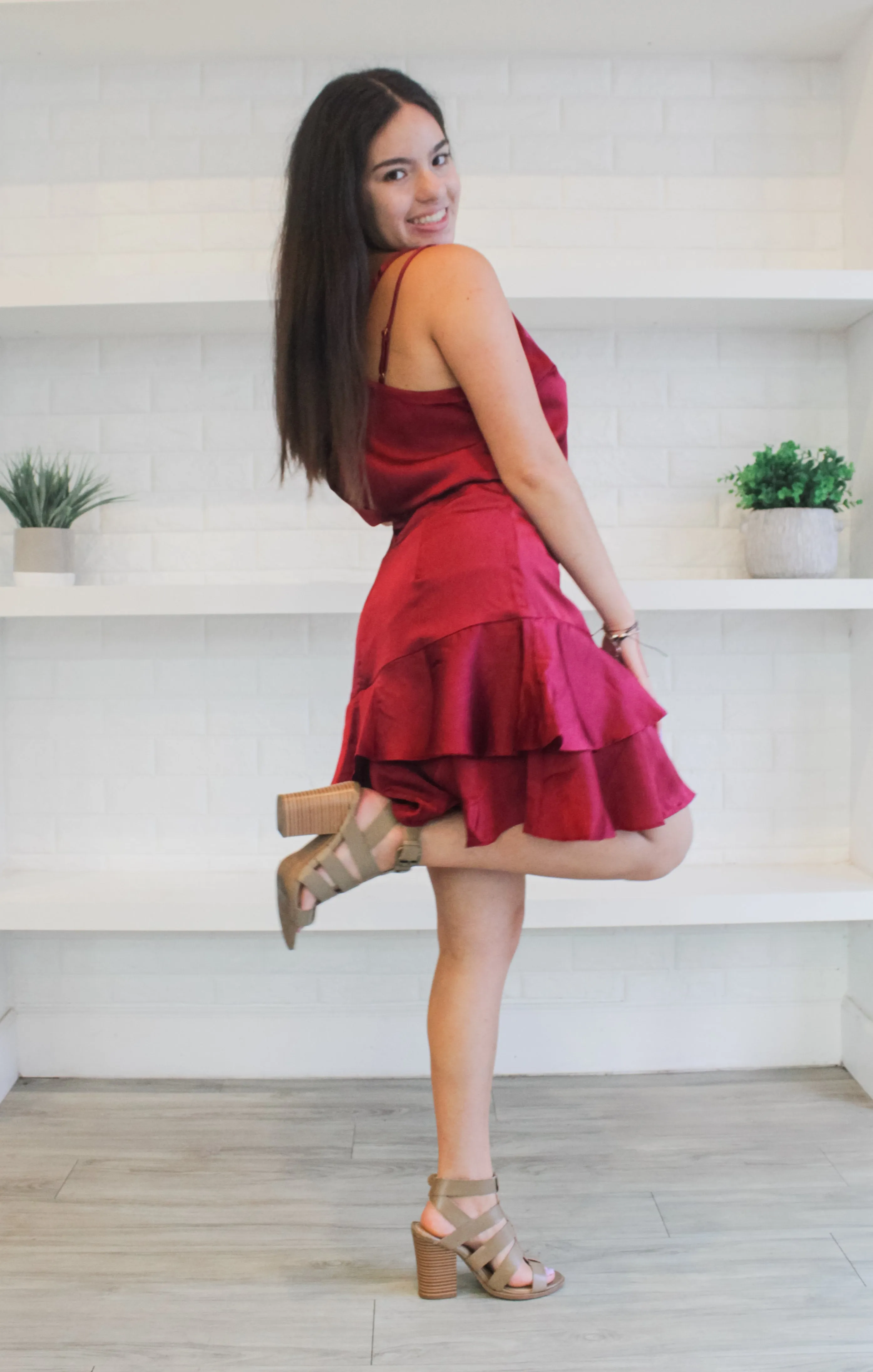 The Ruffle Hem Satin Mini (Garnet)