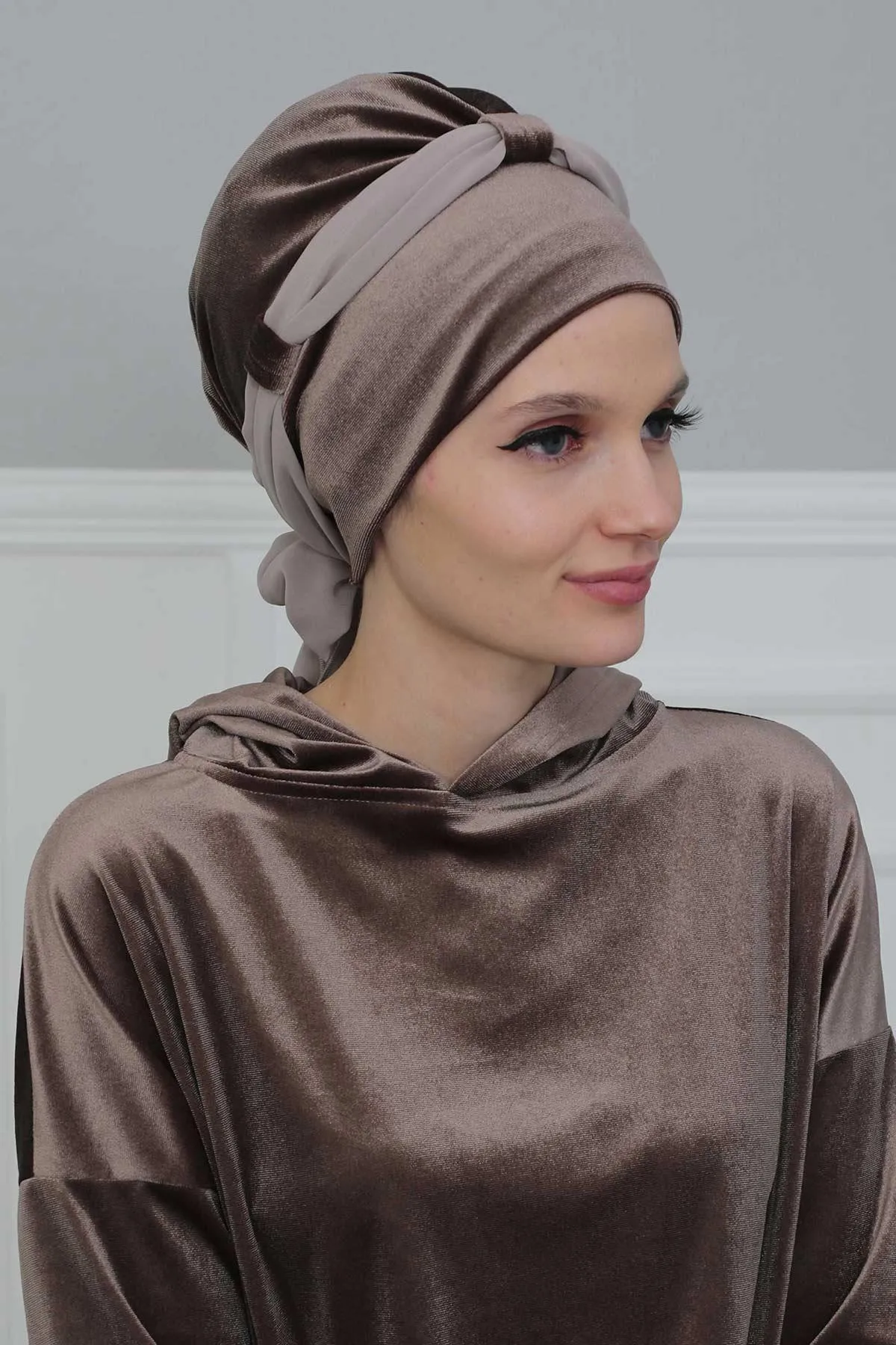 Velvet Instant Turban with a Chiffon Belt, High Quality Scarf Head Wrap Headwear Cap with Chiffon Headband For Women, Trendy Head Wrap,B-24K