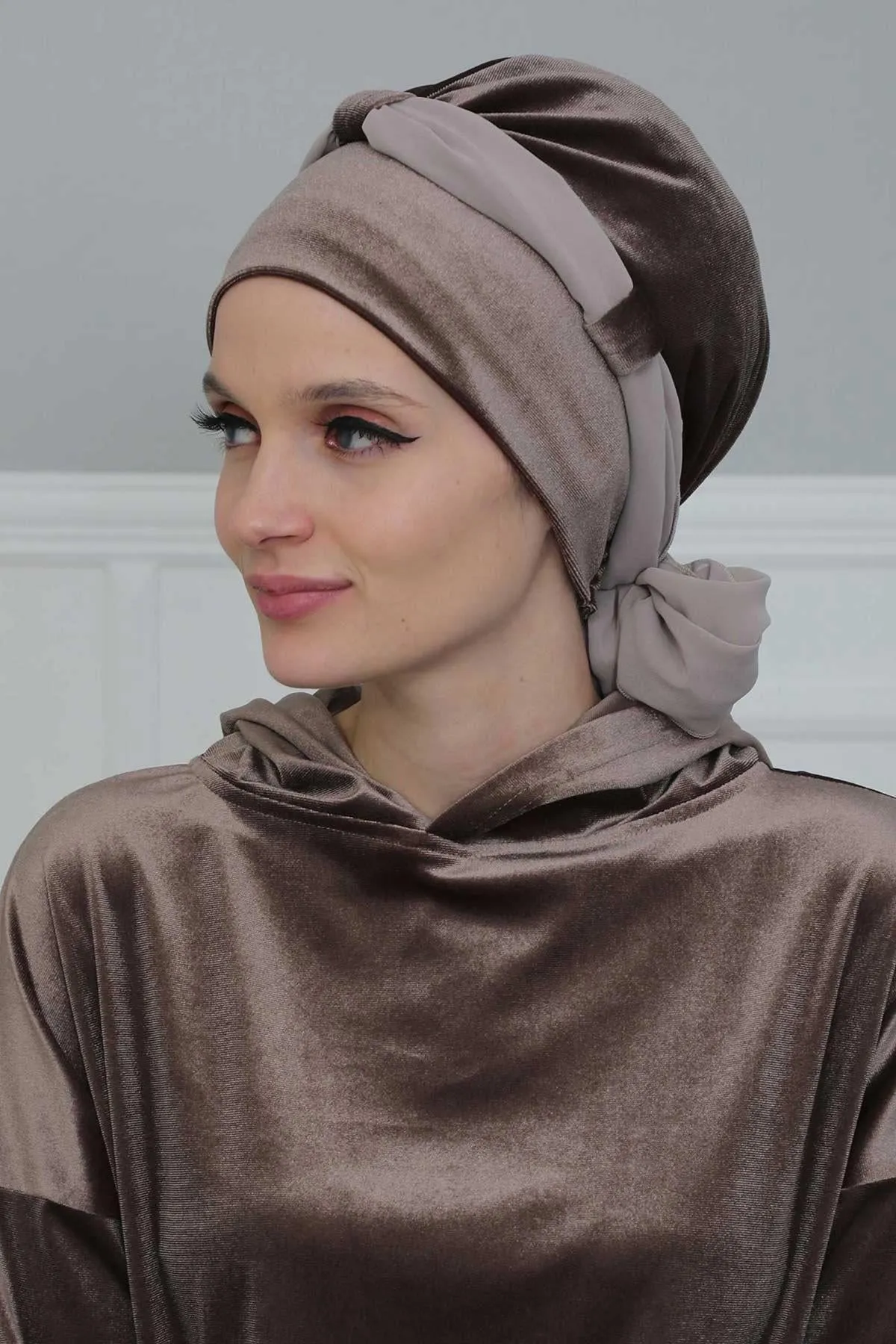 Velvet Instant Turban with a Chiffon Belt, High Quality Scarf Head Wrap Headwear Cap with Chiffon Headband For Women, Trendy Head Wrap,B-24K