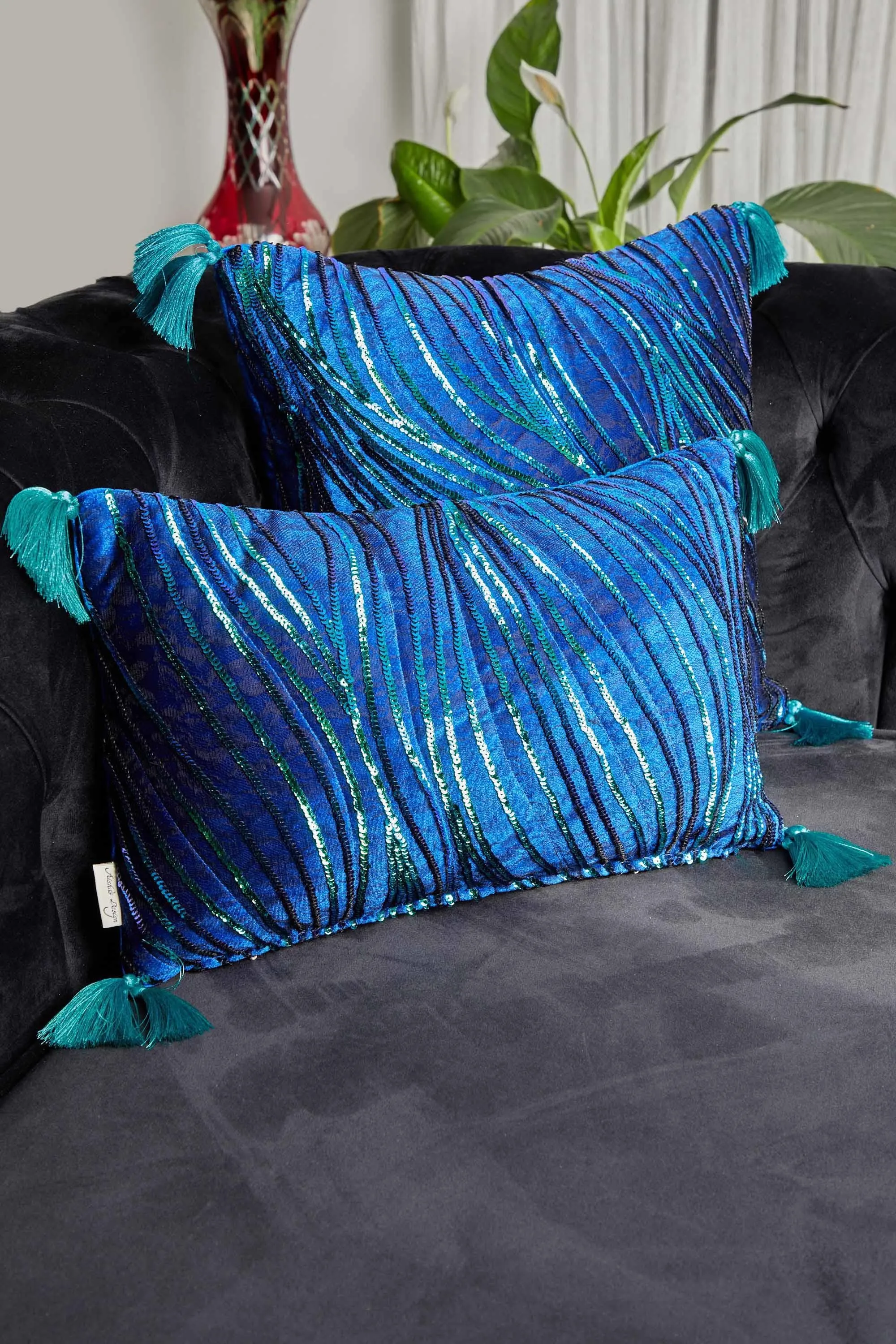 Velvet Throw Pillow Cover with Sequins and Tassels, 20x12 Inches Nicely Designed Decorative Pillow Cover for Couch and Sofa,K-331