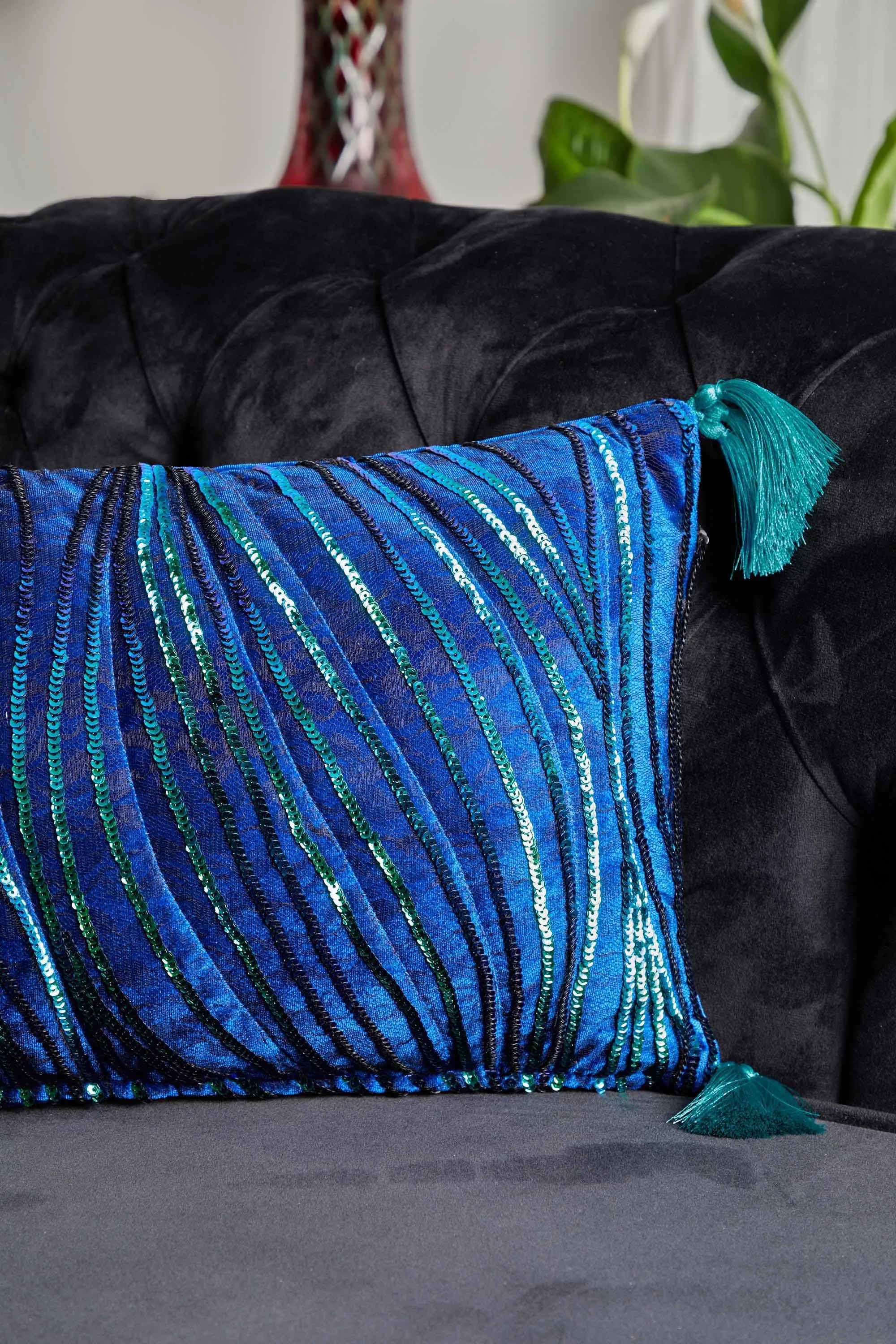 Velvet Throw Pillow Cover with Sequins and Tassels, 20x12 Inches Nicely Designed Decorative Pillow Cover for Couch and Sofa,K-331