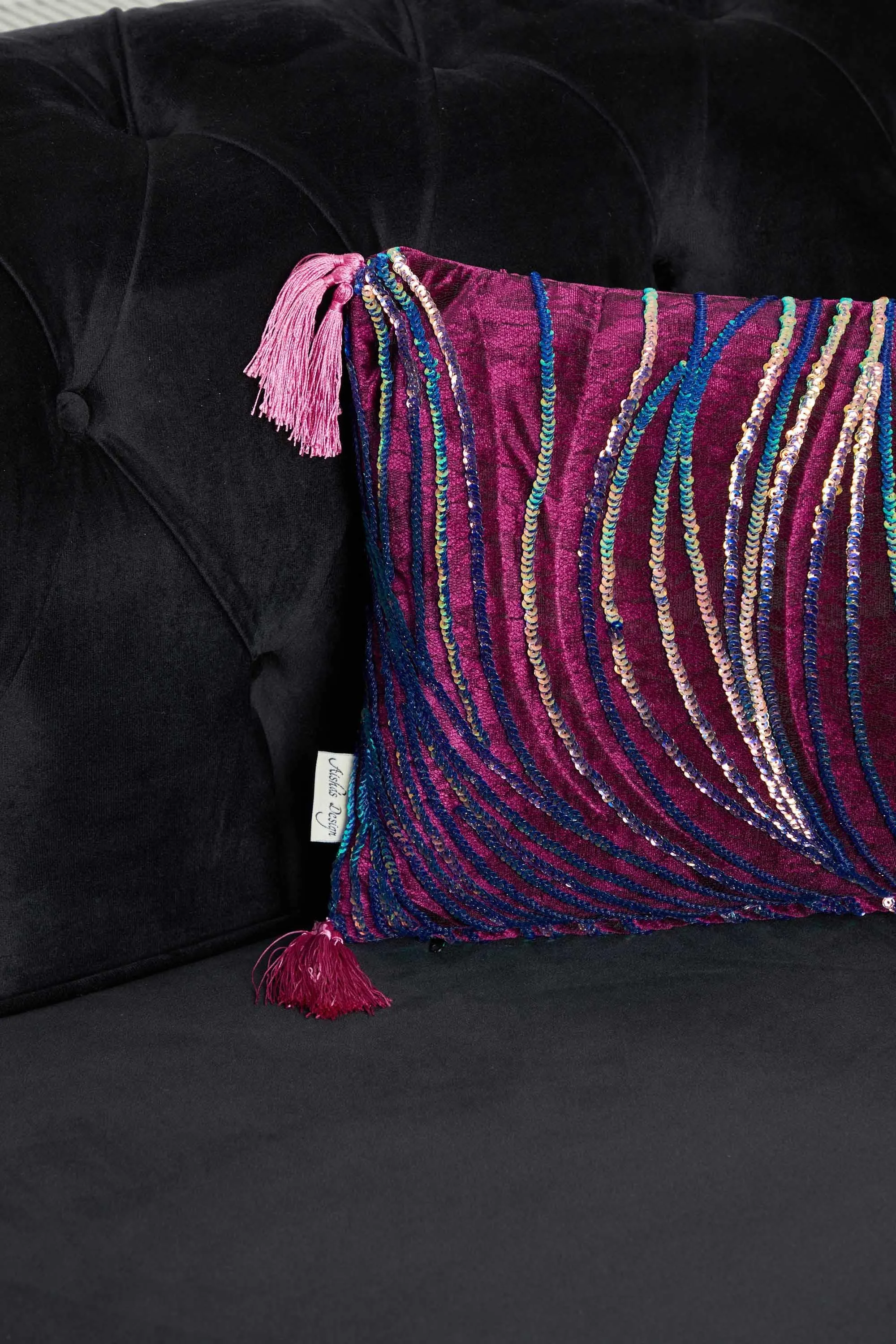 Velvet Throw Pillow Cover with Sequins and Tassels, 20x12 Inches Nicely Designed Decorative Pillow Cover for Couch and Sofa,K-331