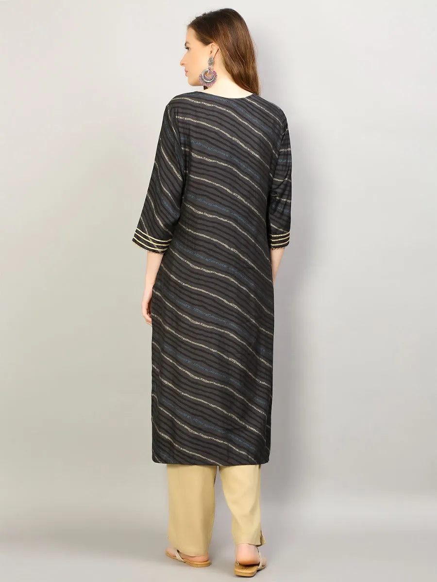 Women Black Stripe Printed Kurta