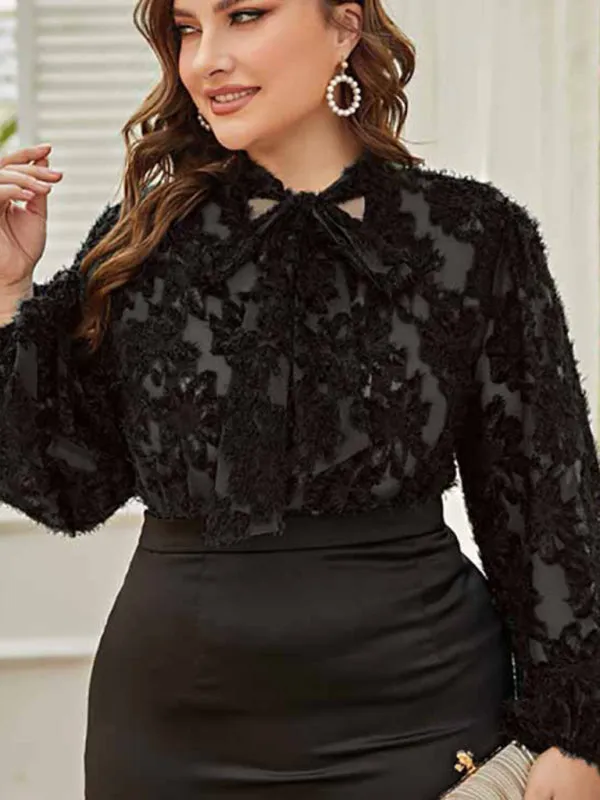 Women's Plus Size Tie Neck Long Sleeve Lace Top