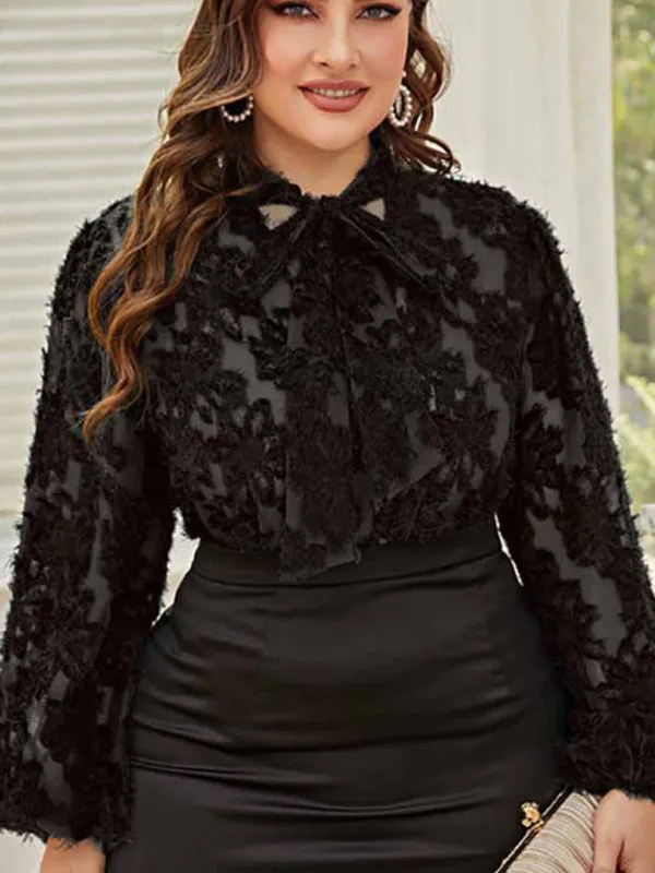 Women's Plus Size Tie Neck Long Sleeve Lace Top