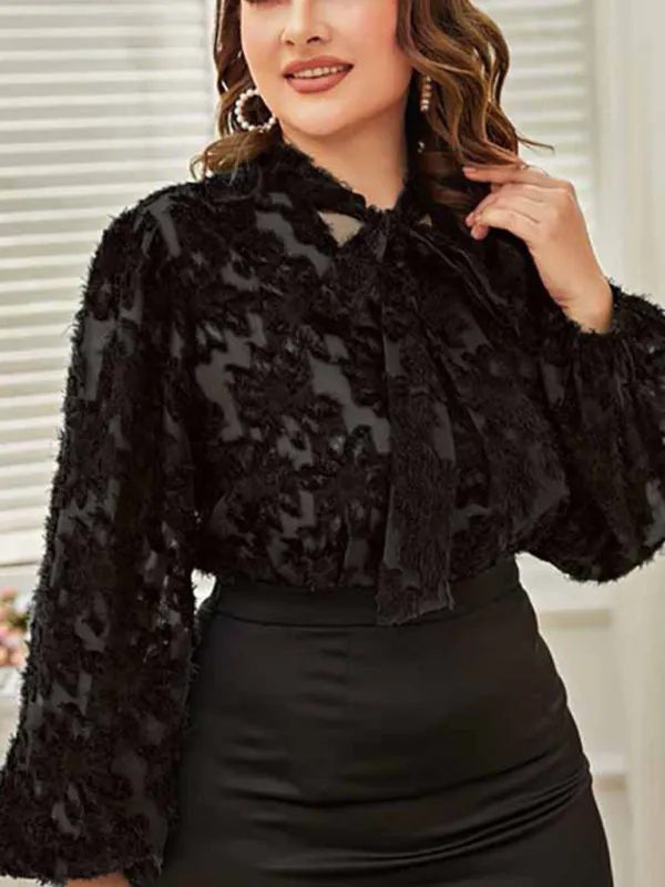 Women's Plus Size Tie Neck Long Sleeve Lace Top