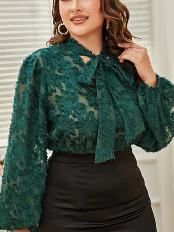 Women's Plus Size Tie Neck Long Sleeve Lace Top