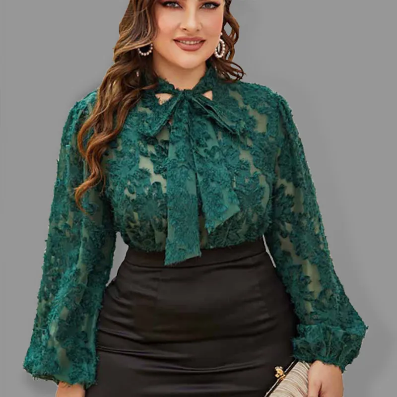 Women's Plus Size Tie Neck Long Sleeve Lace Top