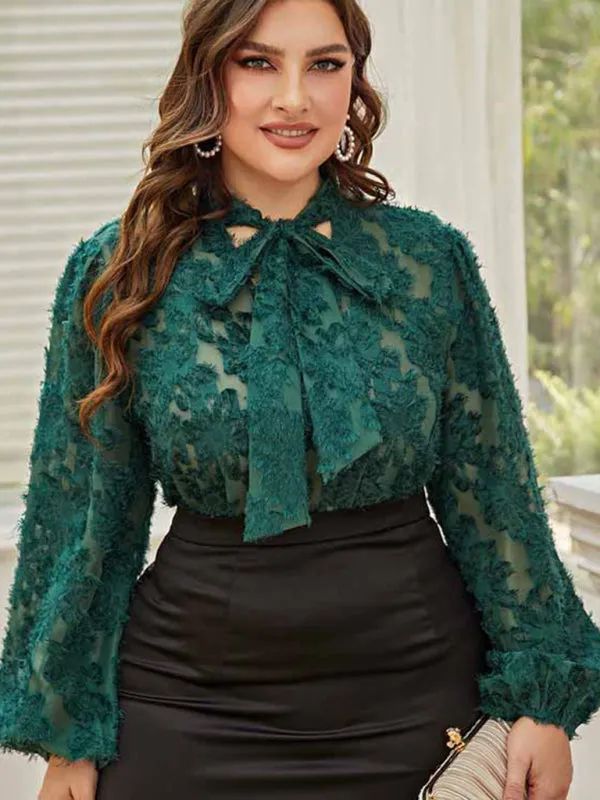 Women's Plus Size Tie Neck Long Sleeve Lace Top