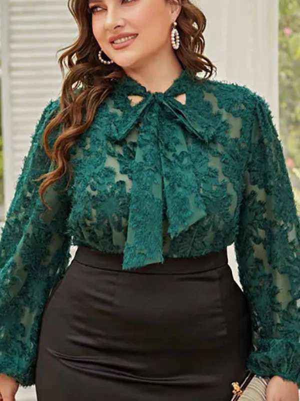 Women's Plus Size Tie Neck Long Sleeve Lace Top