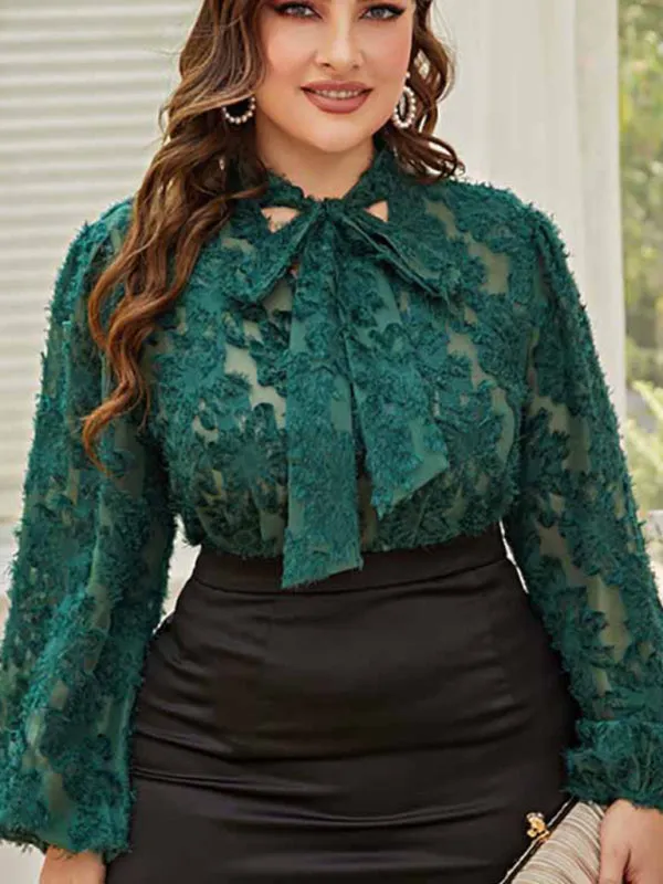 Women's Plus Size Tie Neck Long Sleeve Lace Top