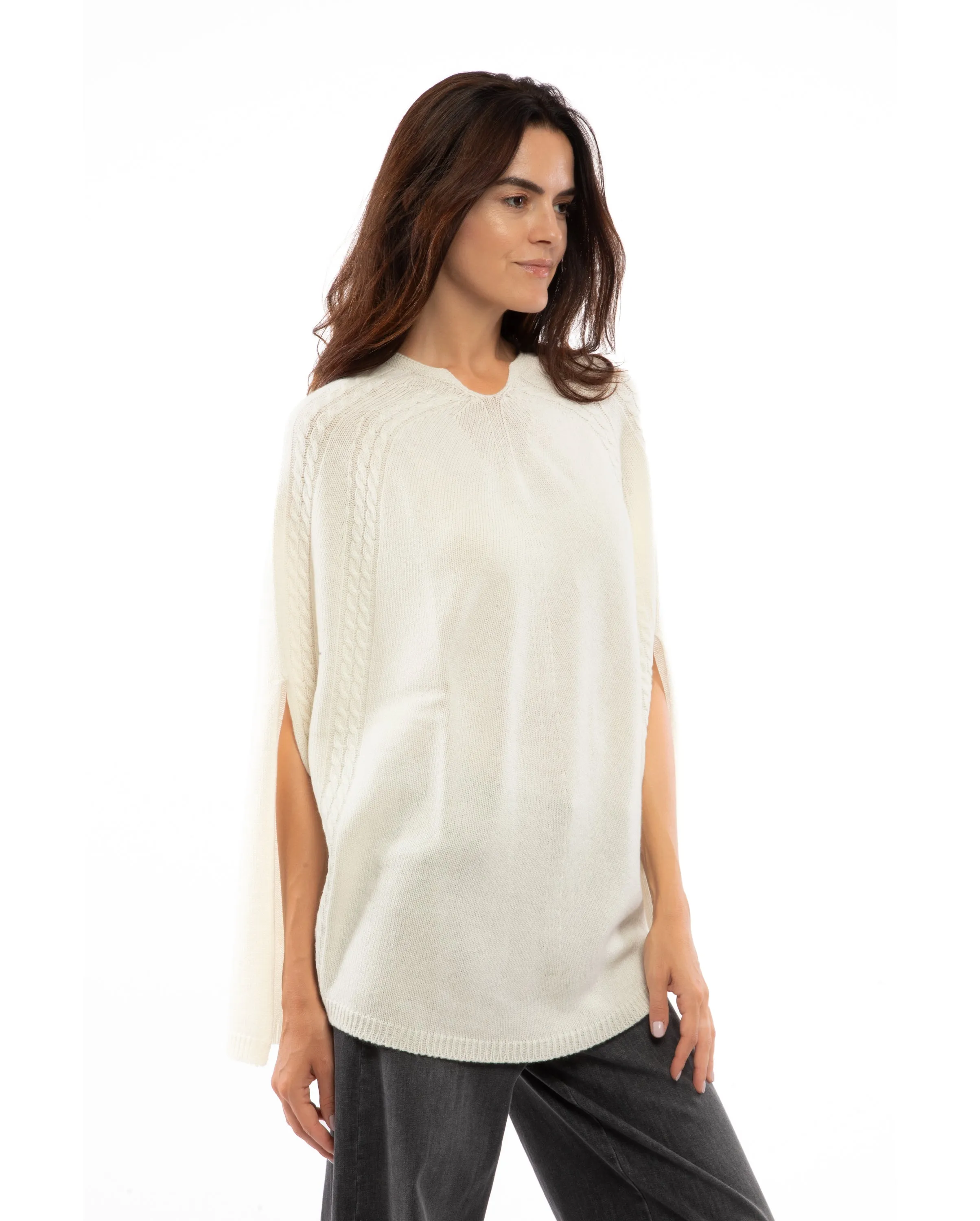 Women's Pure Cashmere Elegant Cable Knit Poncho Milk White